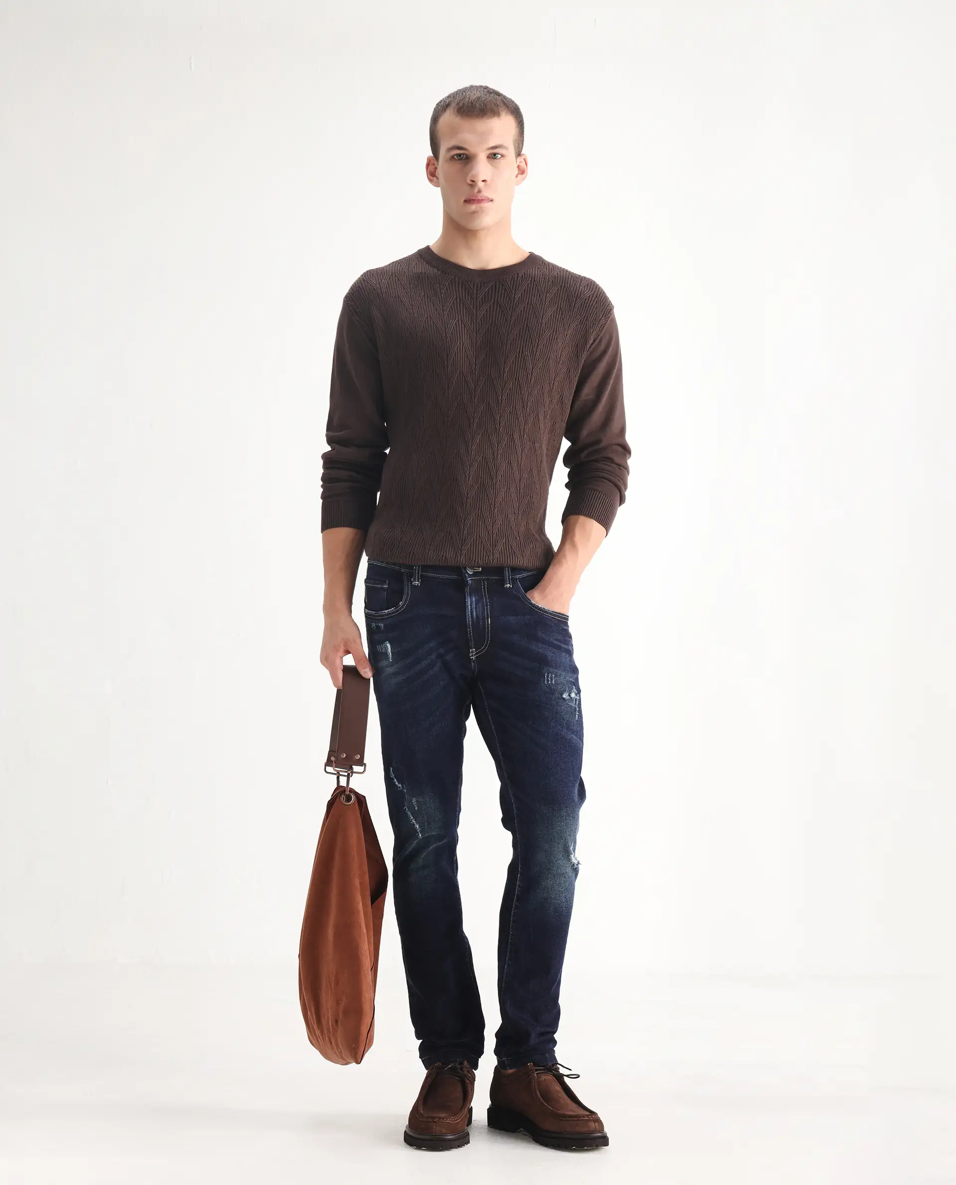 Rare Rabbit Men's Dili Dusky Navy Cotton Blend Plain Hawk Slim Fit Jeans