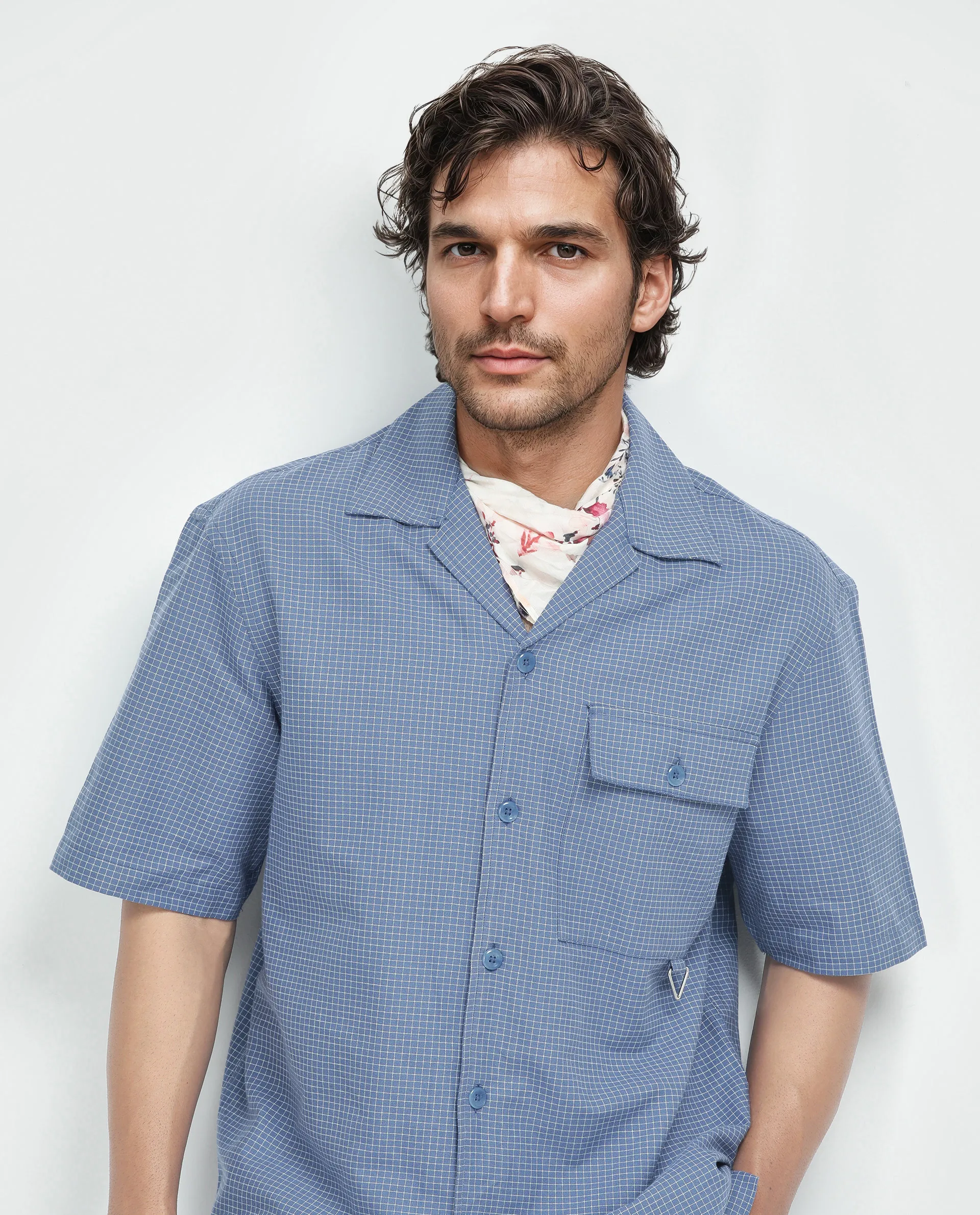 Rare Rabbit Men's Dorn-S Blue Cotton Checked Print Boxy Fit Half Sleeve Cuban Collar Shirt