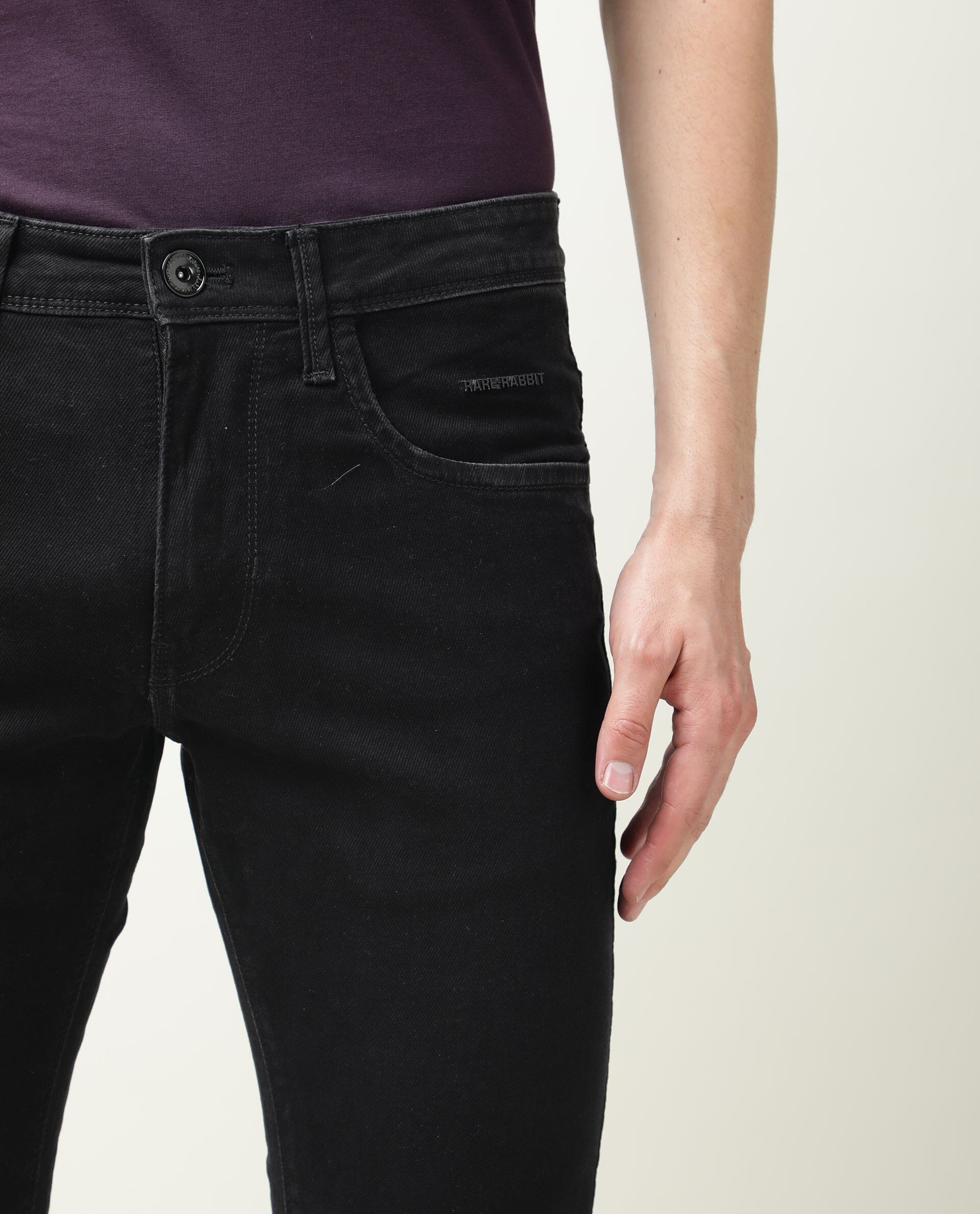 Rare Rabbit Men's Double Black Cotton Plain Hawk Slim Fit Jeans - Image 7
