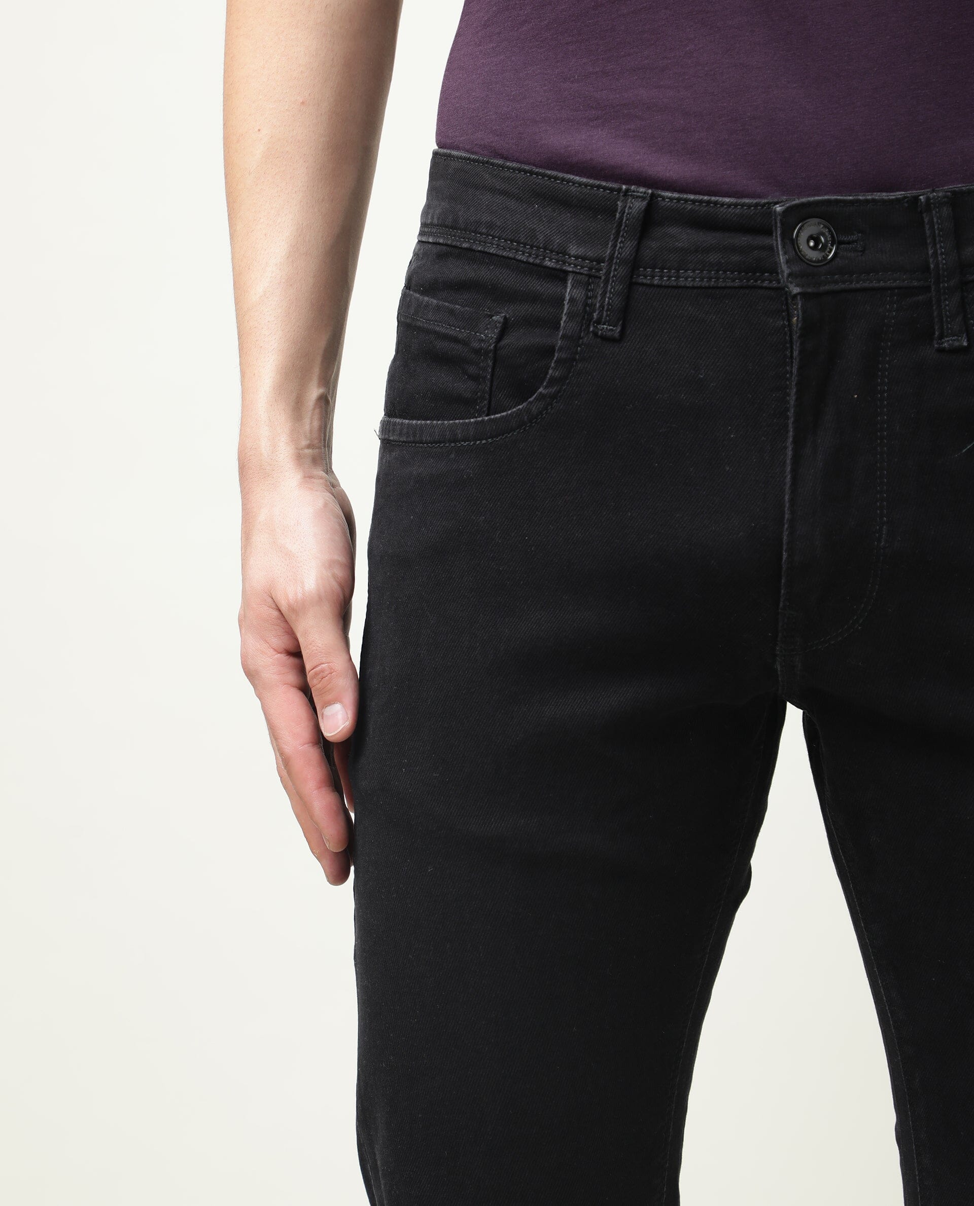 Rare Rabbit Men's Double Black 2 Black Cotton Plain Hawk Slim Fit Jeans - Image 5