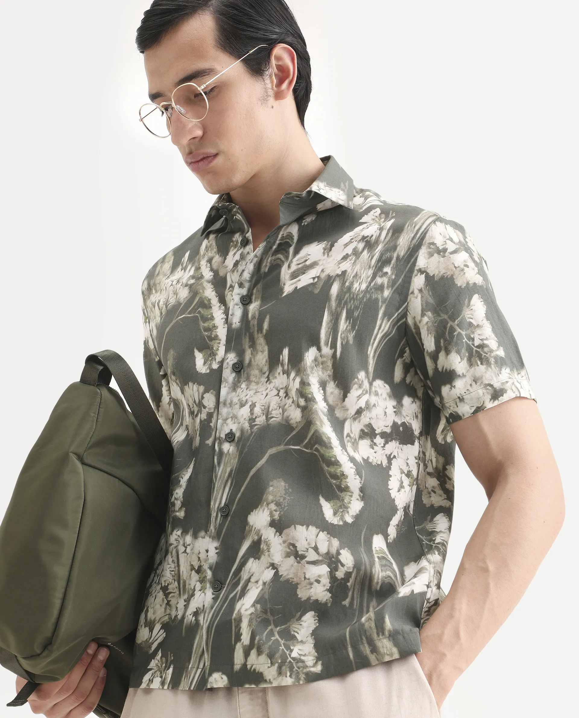 Rare Rabbit Men's Dova Dusky Green Modal Blend Fabric Full Sleeve Spread Collar Regular Fit Floral Print Shirt