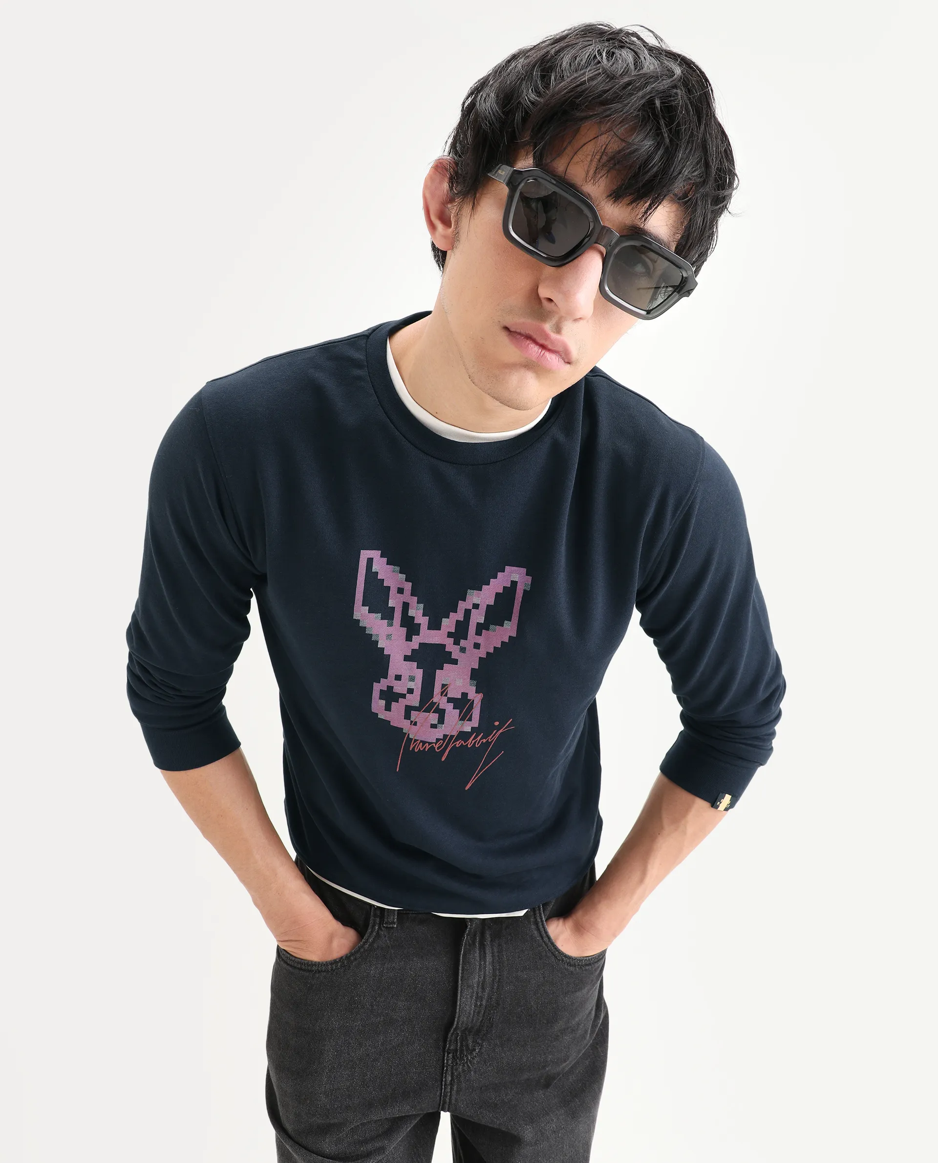 Rare Rabbit Men's Drato Navy Cotton Graphic Print Regular Fit Full Sleeve Crew Neck Sweatshirt