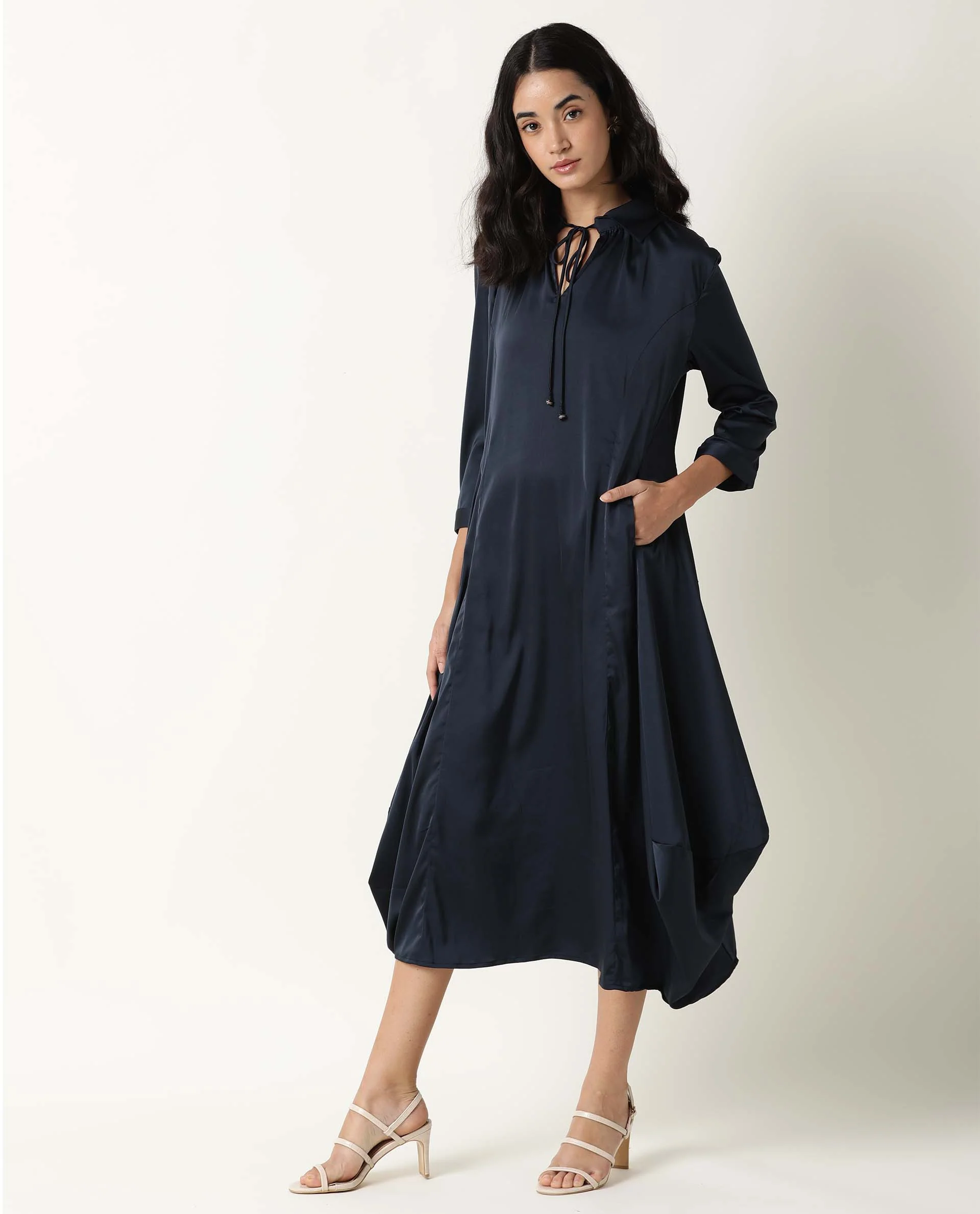 Rareism Womens Drella Navy Dress Modal Lycra Fabric Regular Fit Half Sleeve Lapel Neck