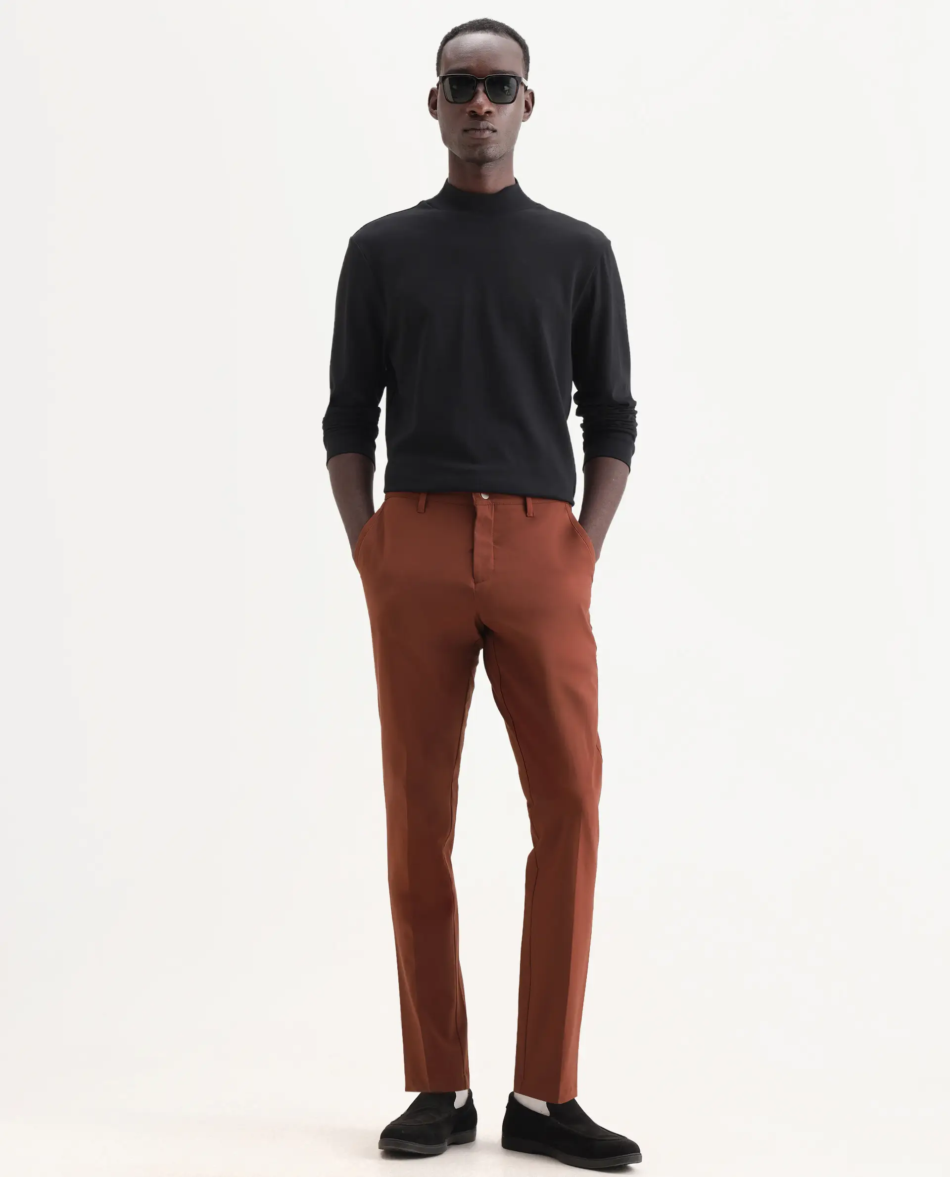 Rare Rabbit Men's Drivers Dark Rust Polyester Blend Plain Regular Fit Trouser