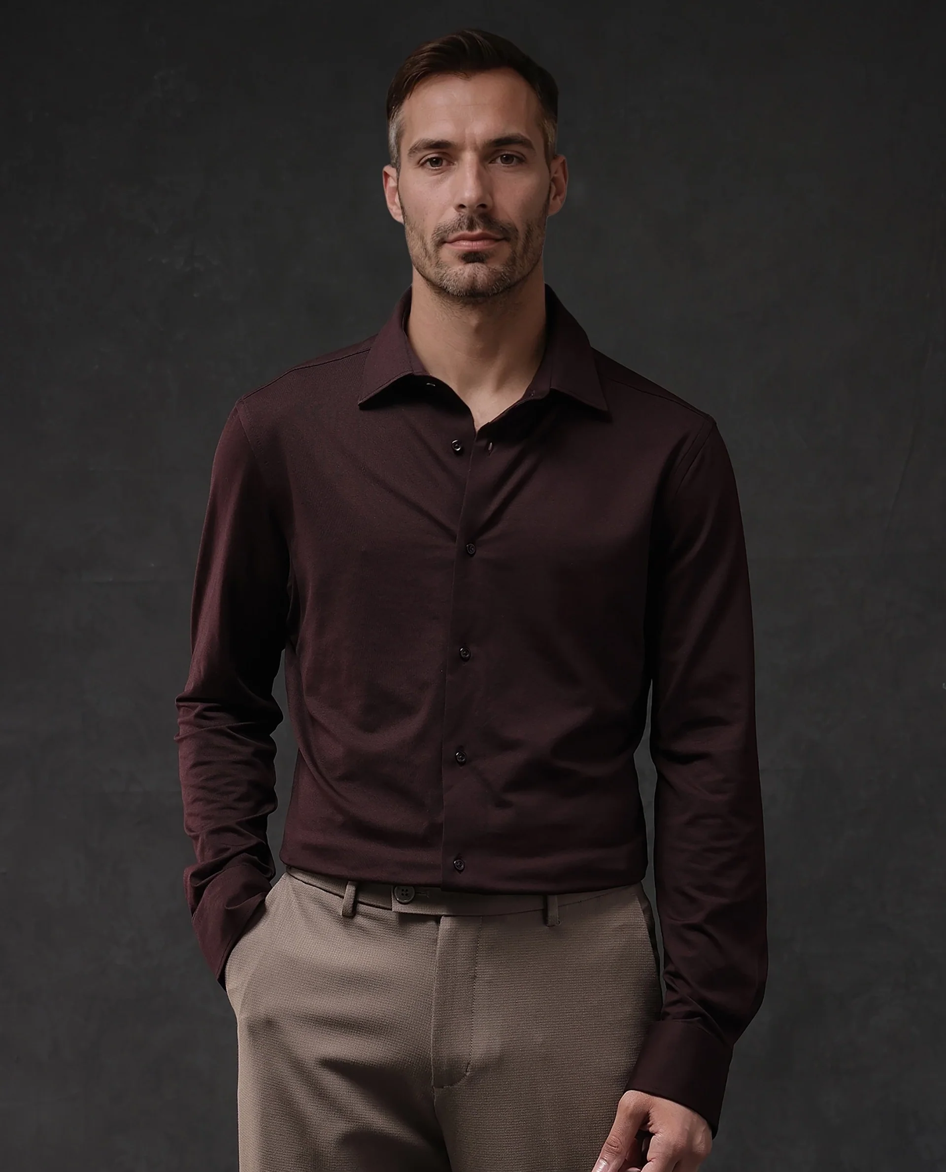 Rare Rabbit Men's Dulce Dark Maroon Cotton Plain Regular Fit Full Sleeve Collared Shirt