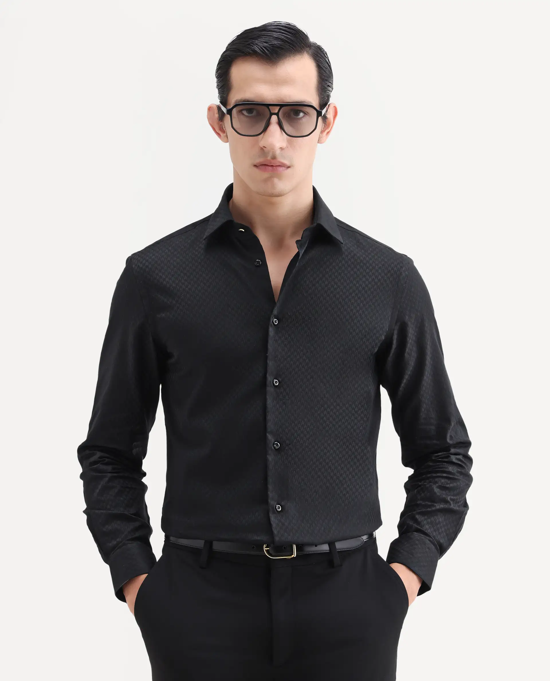 Rare Rabbit Men's Dunde Black Cotton Full Sleeve Spread Collar Regular Fit Jacquard Shirt