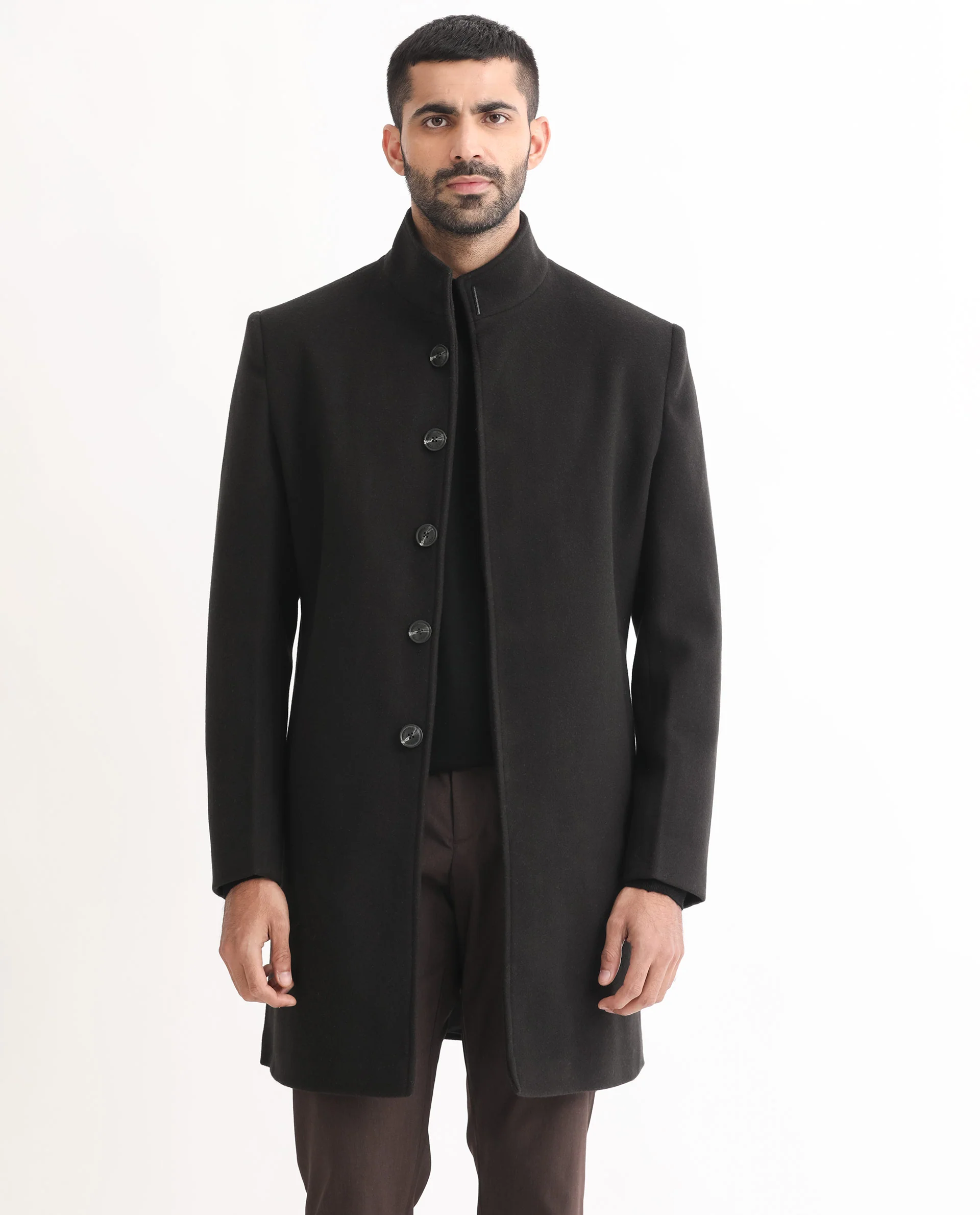 Rare Rabbit Men's Dune Black Polyester Plain Tailored Fit Full Sleeve Mandarin Collar Jacket