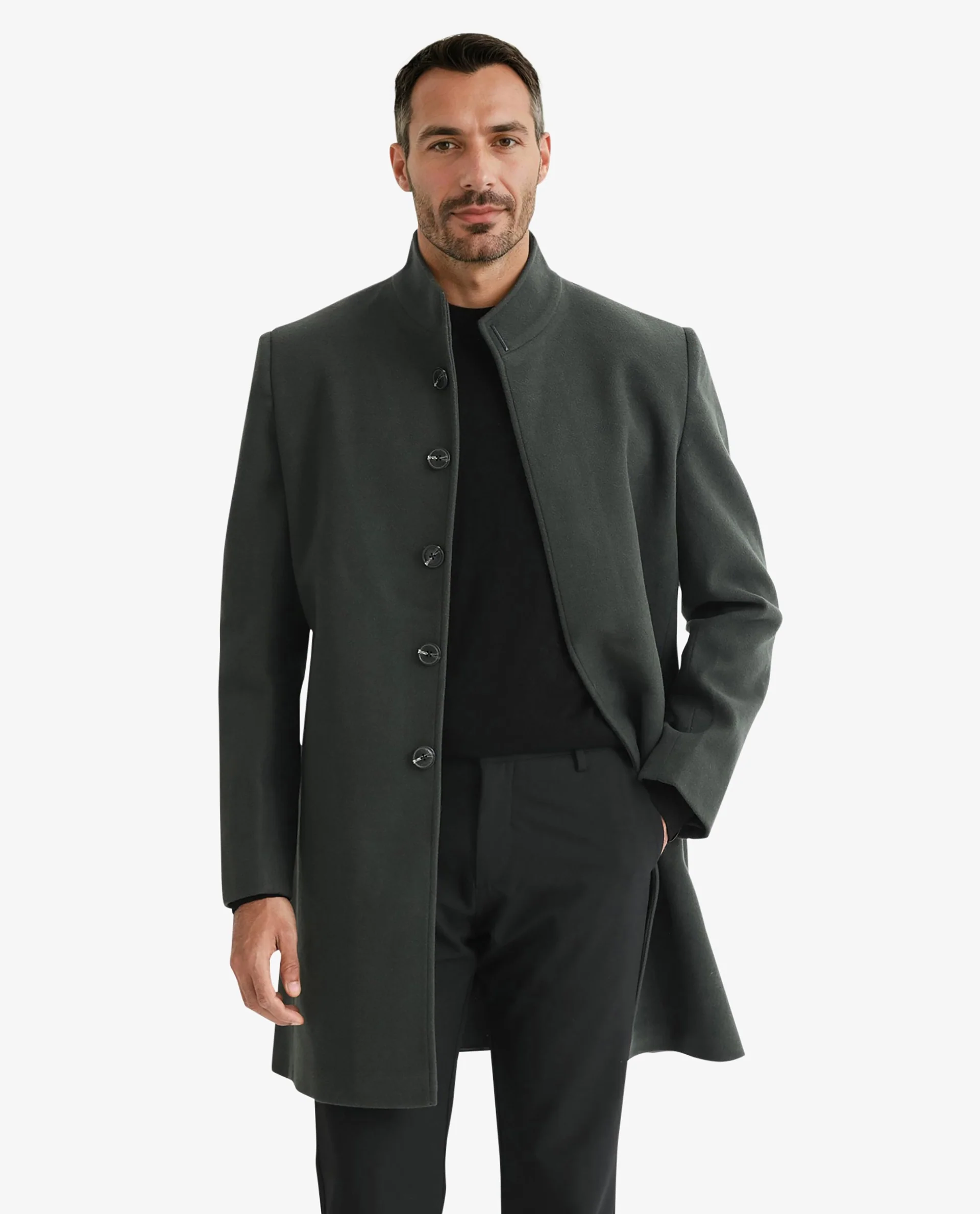 Rare Rabbit Men's Dune Green Polyester Plain Tailored Fit Full Sleeve Mandarin Collar Jacket