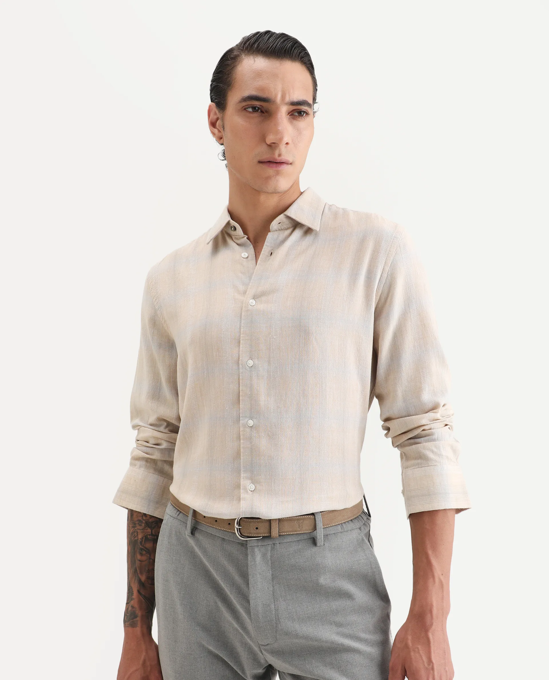 Rare Rabbit Men Eamon Light Beige Linen Blend Checked Print Regular Fit Full Sleeve Collared Shirt
