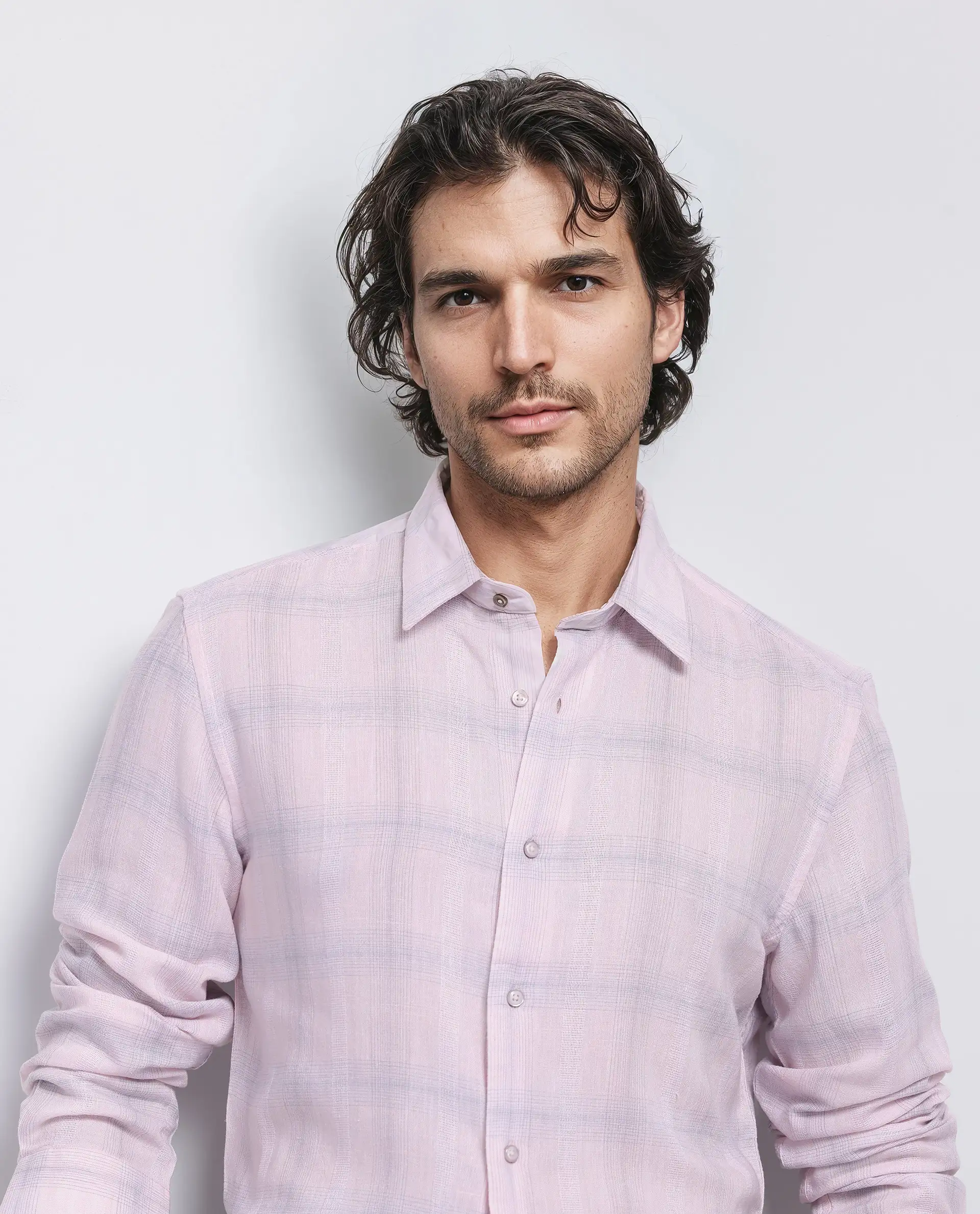 Rare Rabbit Men's Eamon Light Pink Linen Blend Checked Print Regular Fit Full Sleeve Collared Shirt