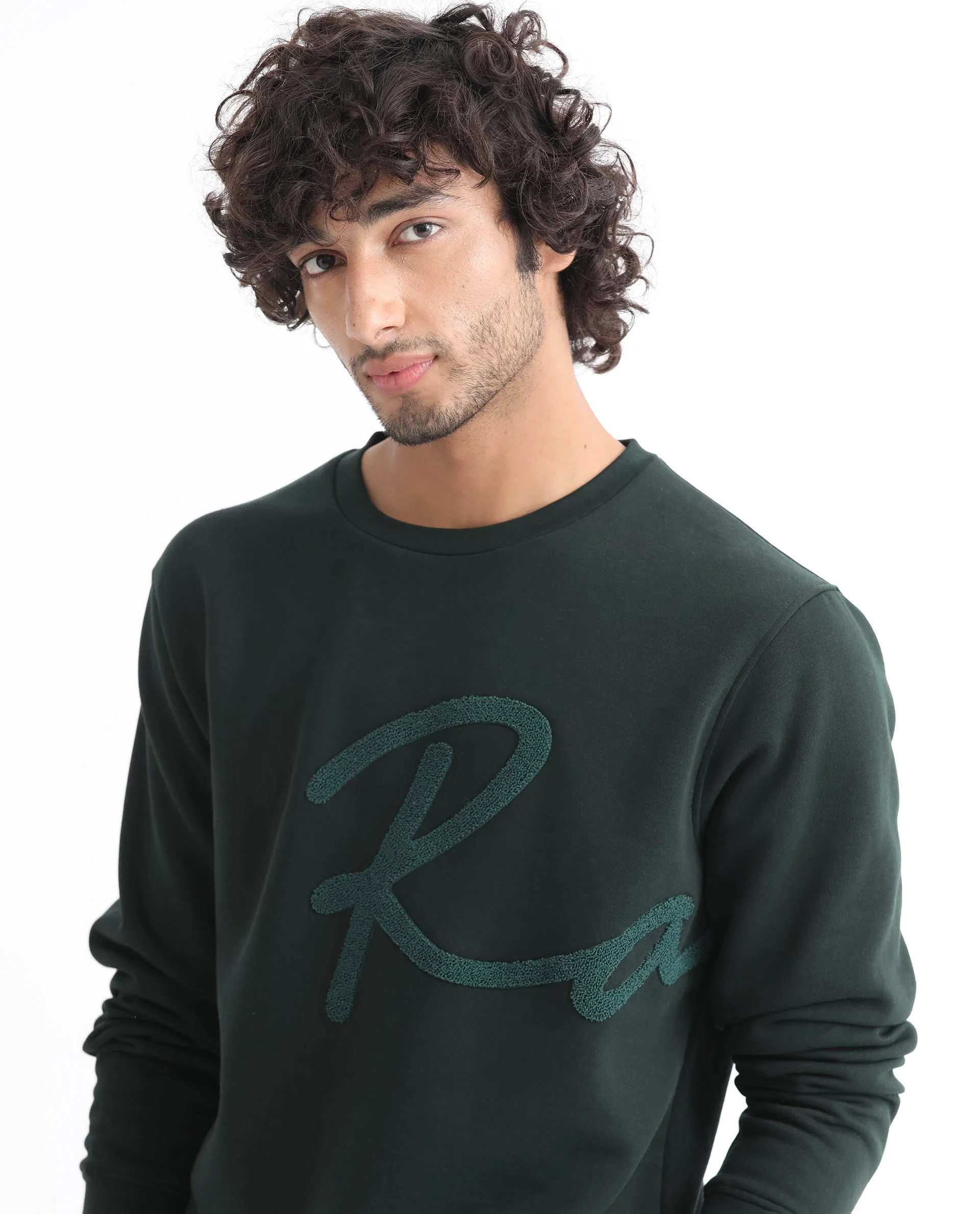 Rare Rabbit Men's East Dark Green Cotton Embroidered Regular Fit Full Sleeve Crew Neck Sweatshirt