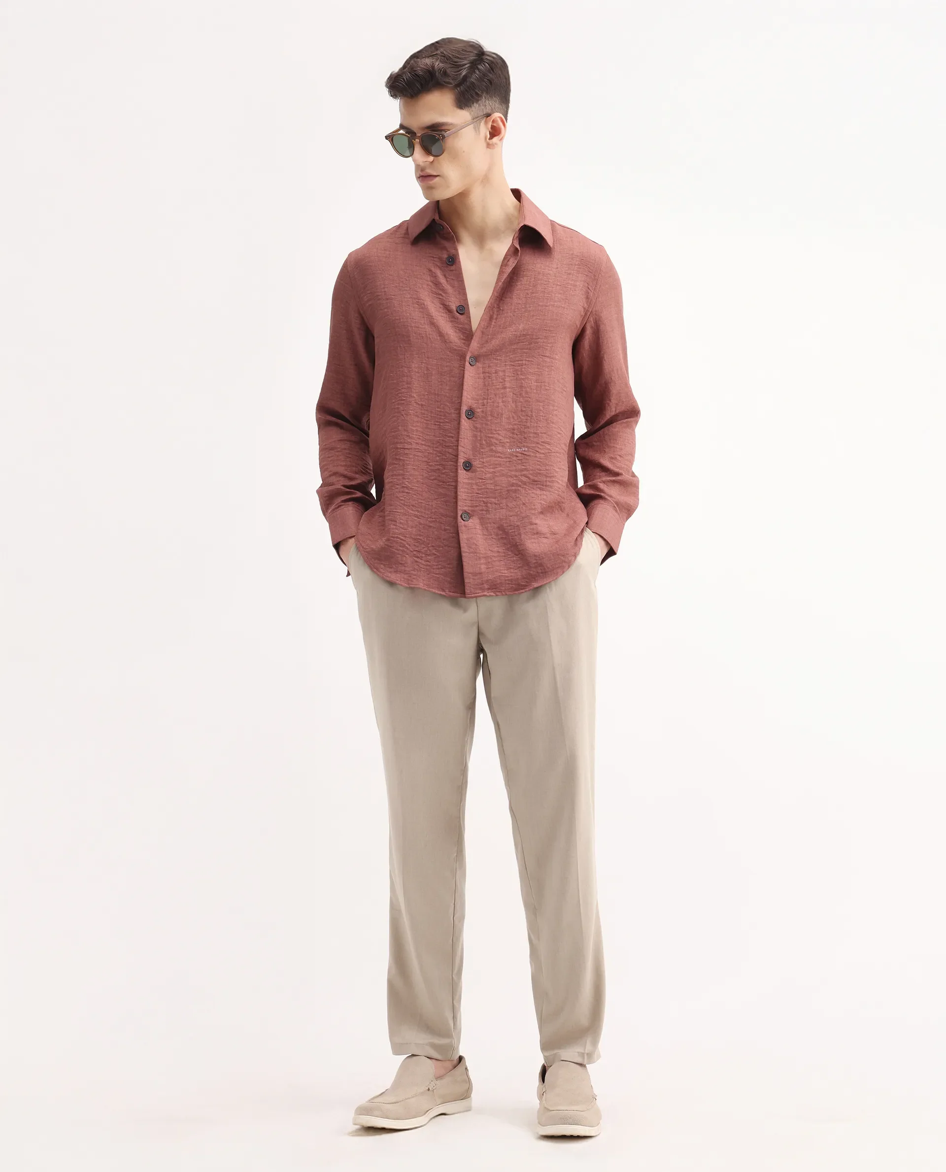 Rare Rabbit Men's Echo Beige Cotton Plain Regular Fit Trouser
