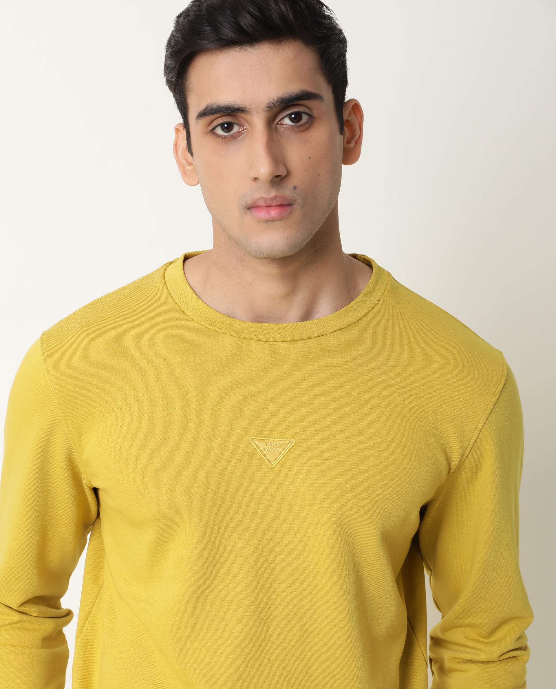 Rare Rabbit Men's Eden Yellow Cotton Plain Slim Fit Full Sleeve Crew Neck Sweatshirt