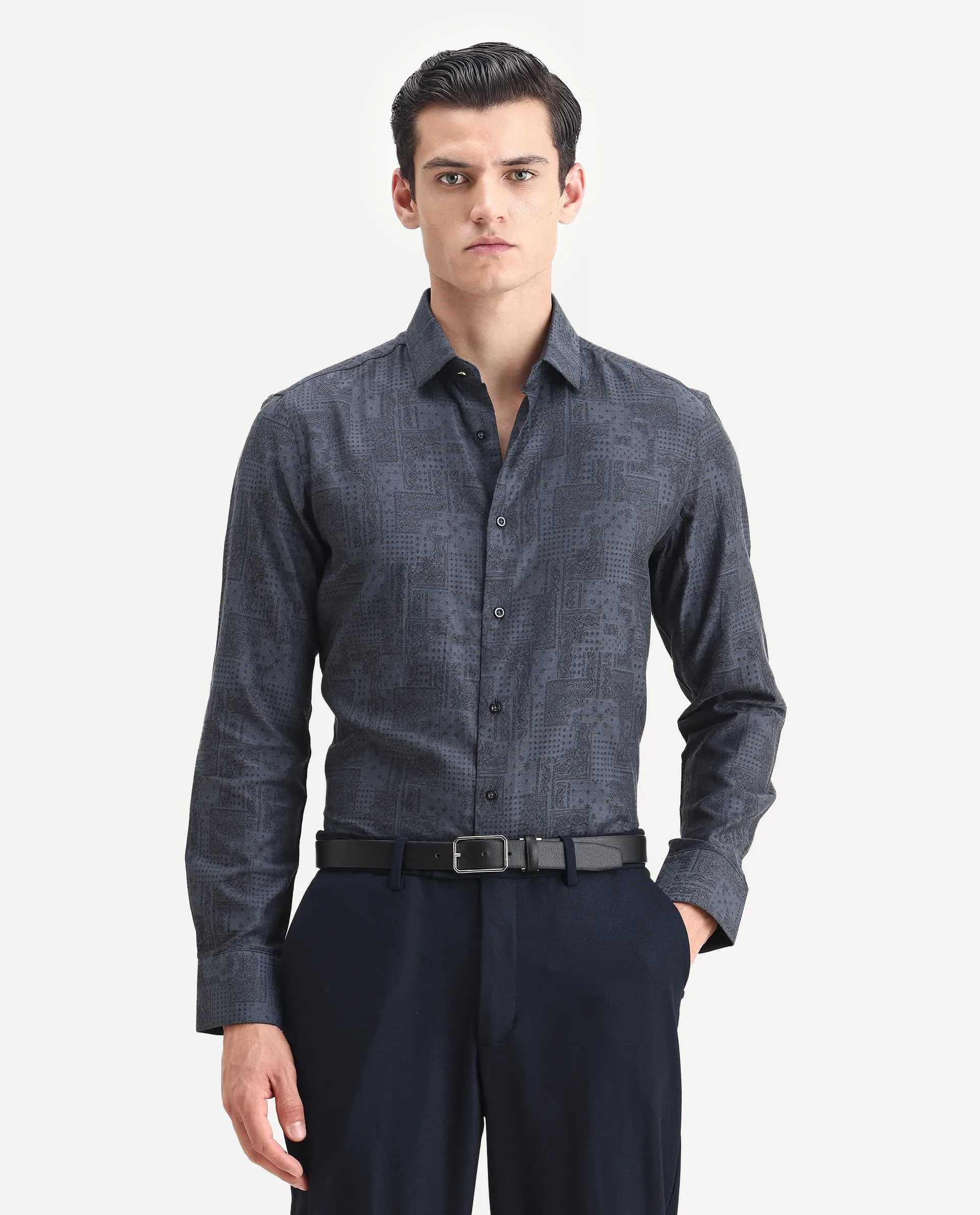 Rare Rabbit Men's Edgo Dusky Blue Cotton Jacquard Regular Fit Full Sleeve Collared Shirt