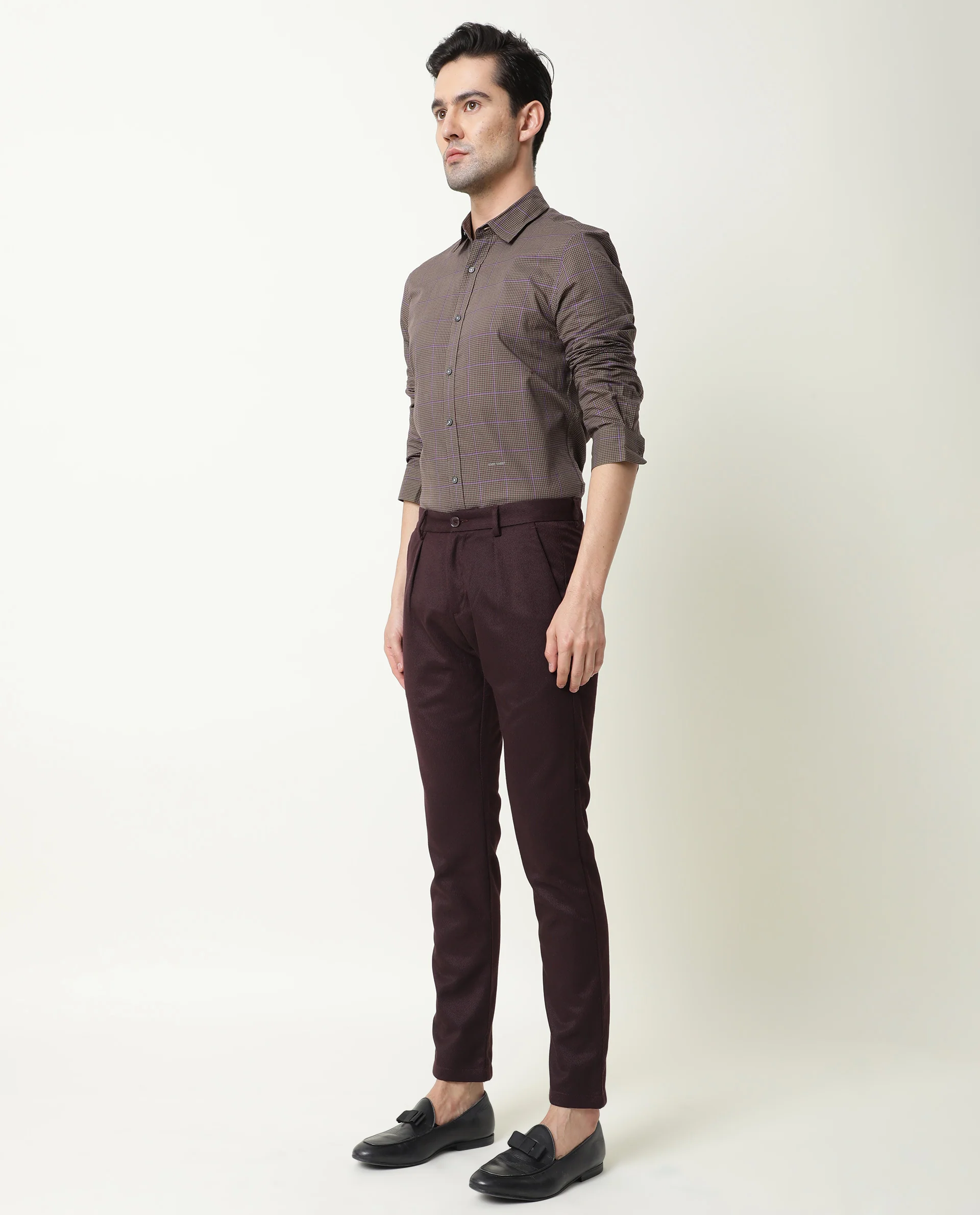 Rare Rabbit Men's Edit Maroon Polyester Plain Slim Fit Trouser