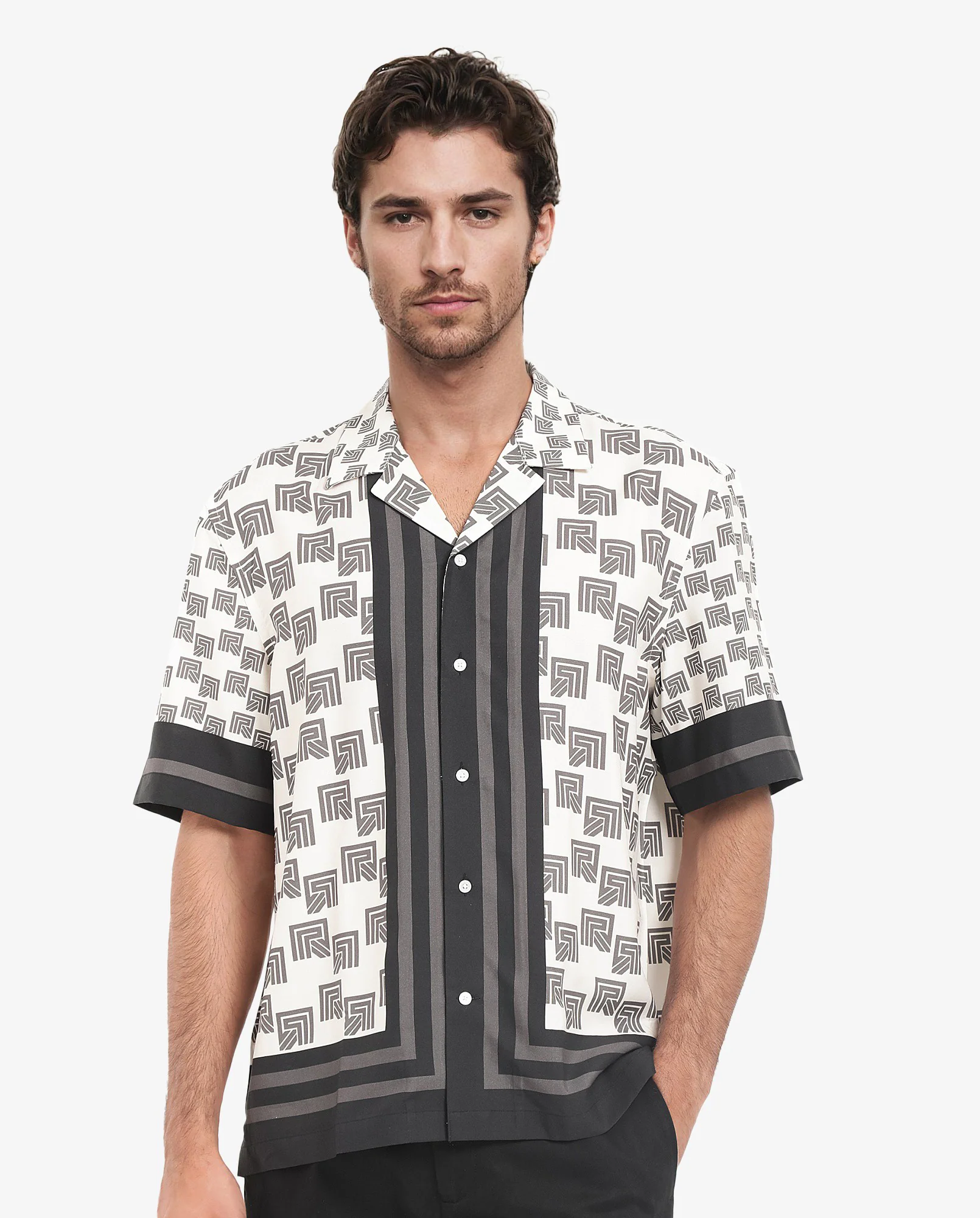 Rare Rabbit Men's Efi Off White Viscose Monogram Print Boxy Fit Half Sleeve Cuban Collar Shirt