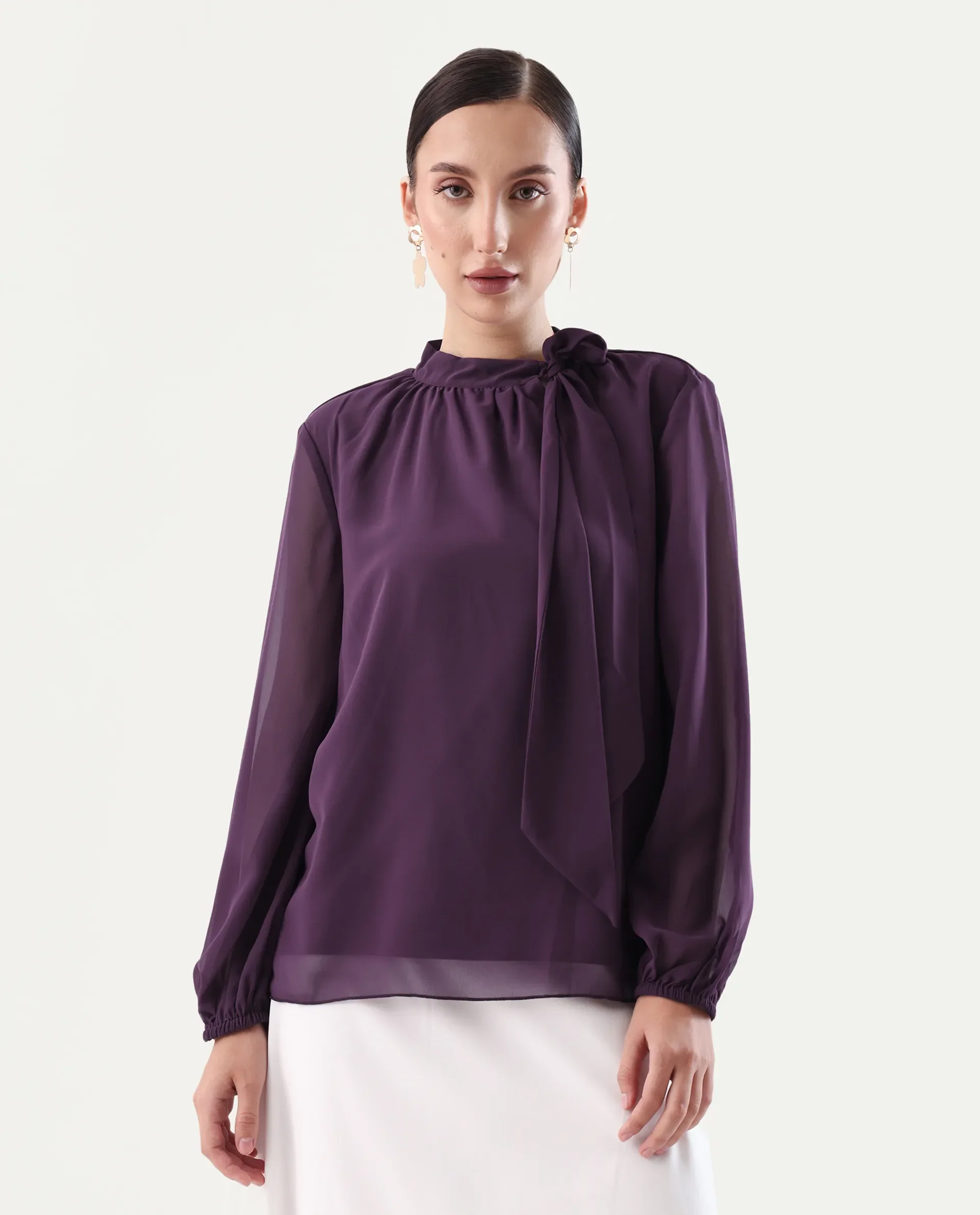 Rareism Women's Elden Maroon Polyester Tie-Up Neck Regular Fit Plain Top - Image 4