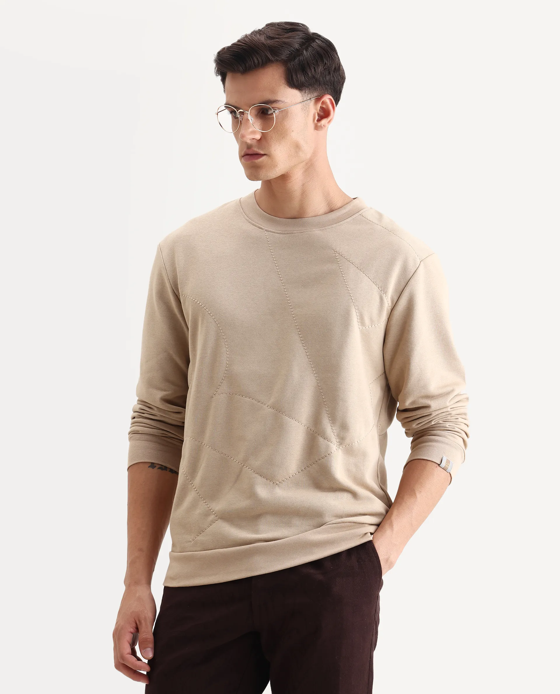 Rare Rabbit Men's Eldron Dusky Beige Cotton Embroidered Regular Fit Full Sleeve Crew Neck Sweatshirt