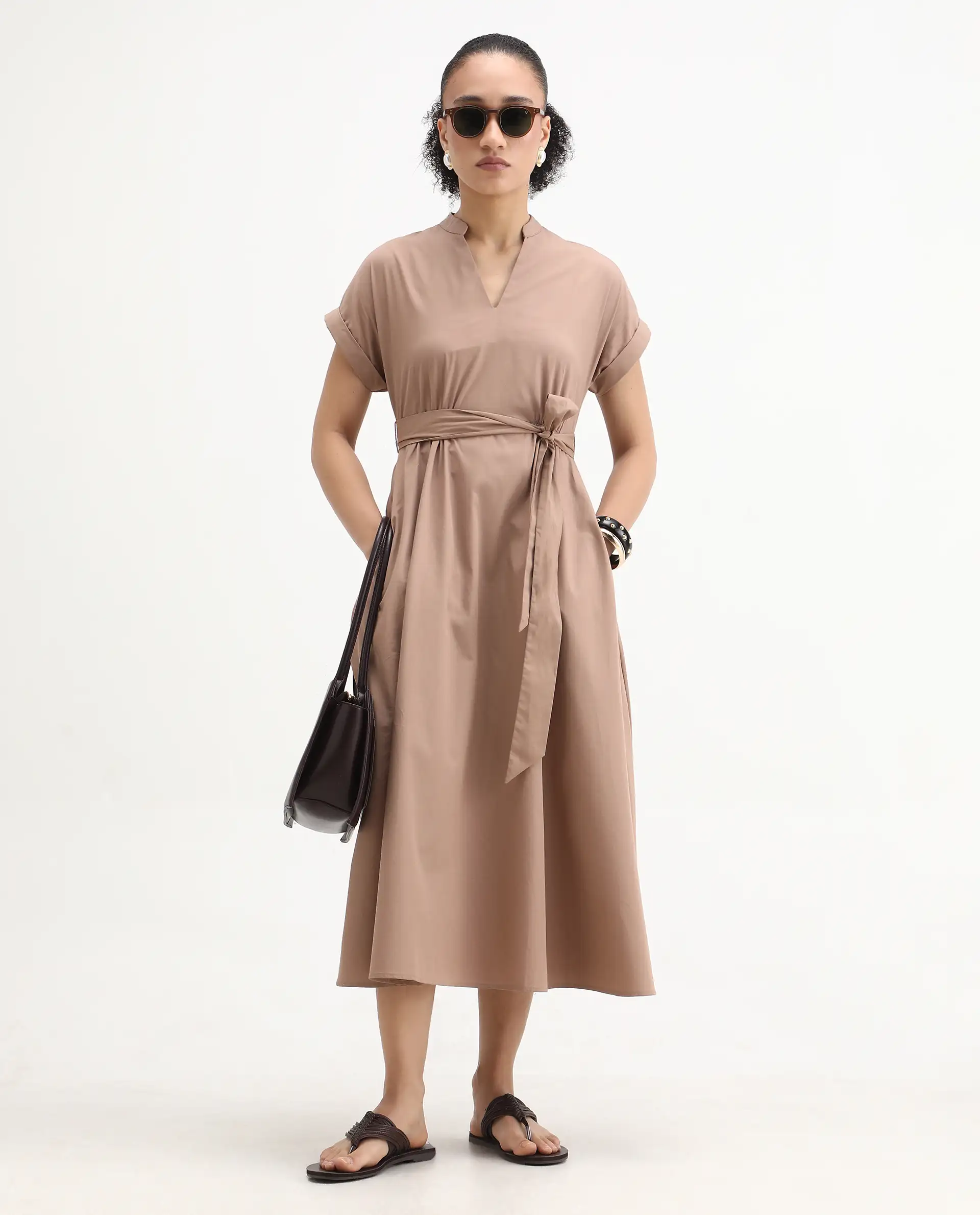 Rareism Women's Eleri Beige Cotton Extended Sleeves Mandarin Collar A-Line Fit Plain Midi Dress