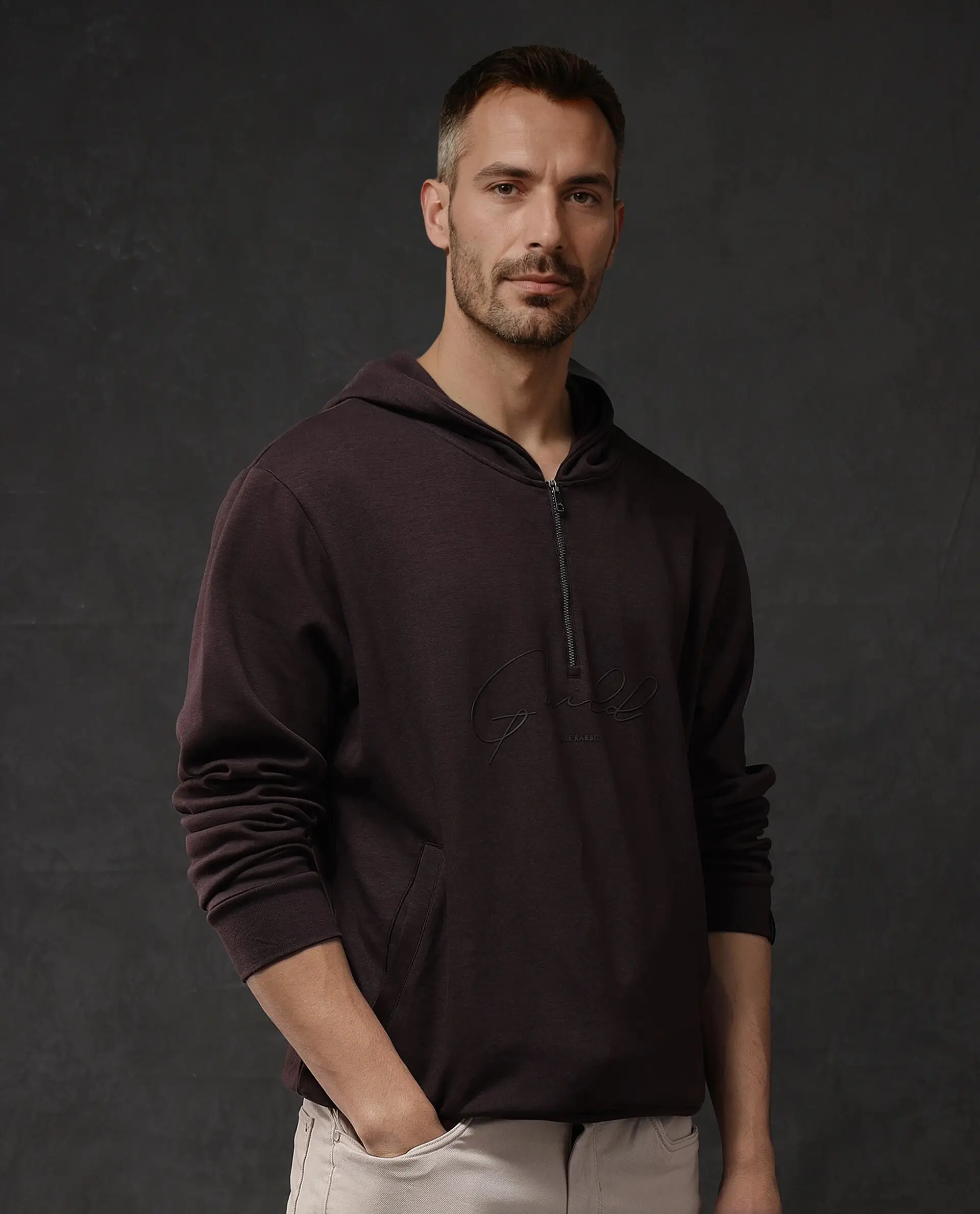 Rare Rabbit Men's Eli-2 Maroon Cotton Plain Regular Fit Full Sleeve Hooded Sweatshirt