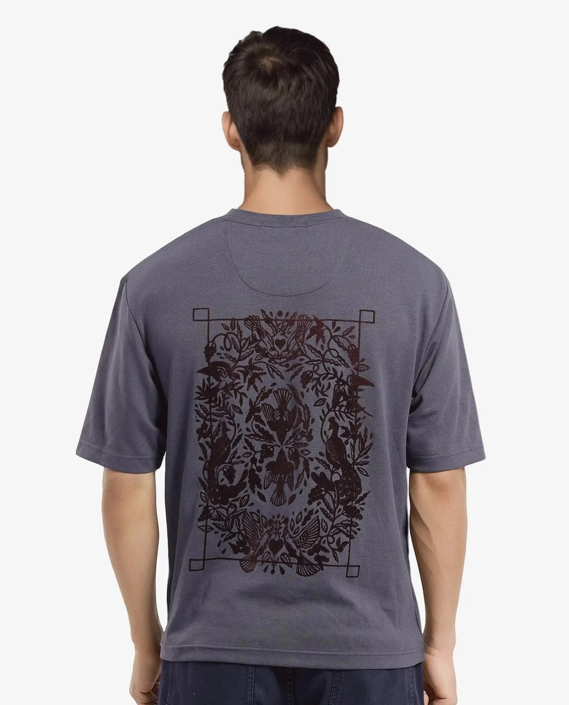 Rare Rabbit Men's Eliy Dark Grey Graphic Print Oversized Fit Half Sleeve Crew Neck T-Shirt