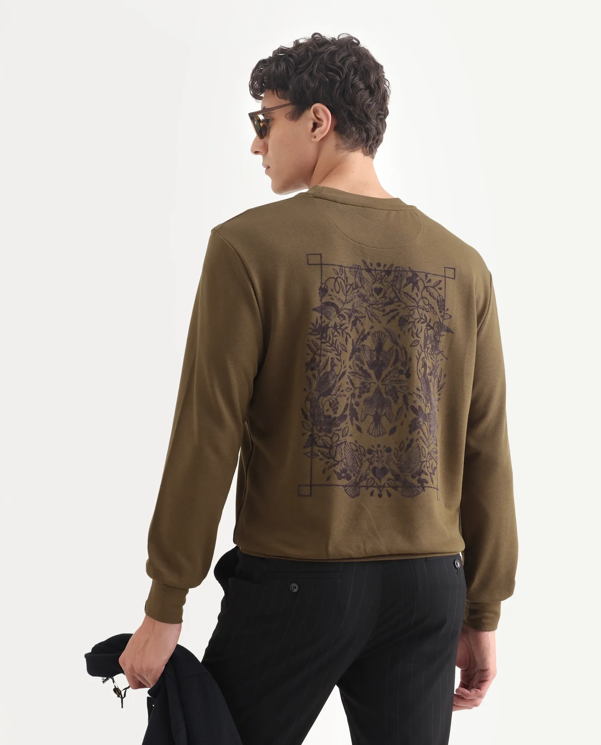 Rare Rabbit Men's Eliyo Rust Cotton Graphic Print Regular Fit Full Sleeve Crew Neck Sweatshirt