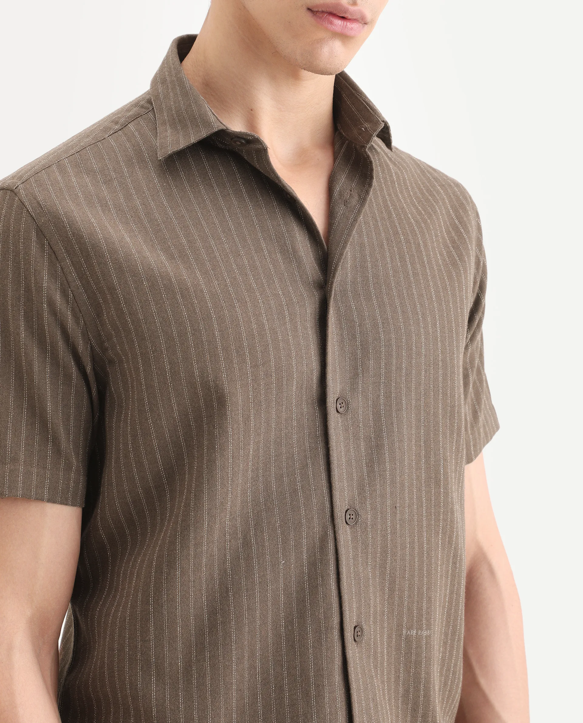 Rare Rabbit Men's Elkie Brown Cotton Blend Fabric Spread Collar Regular Striped Shirt