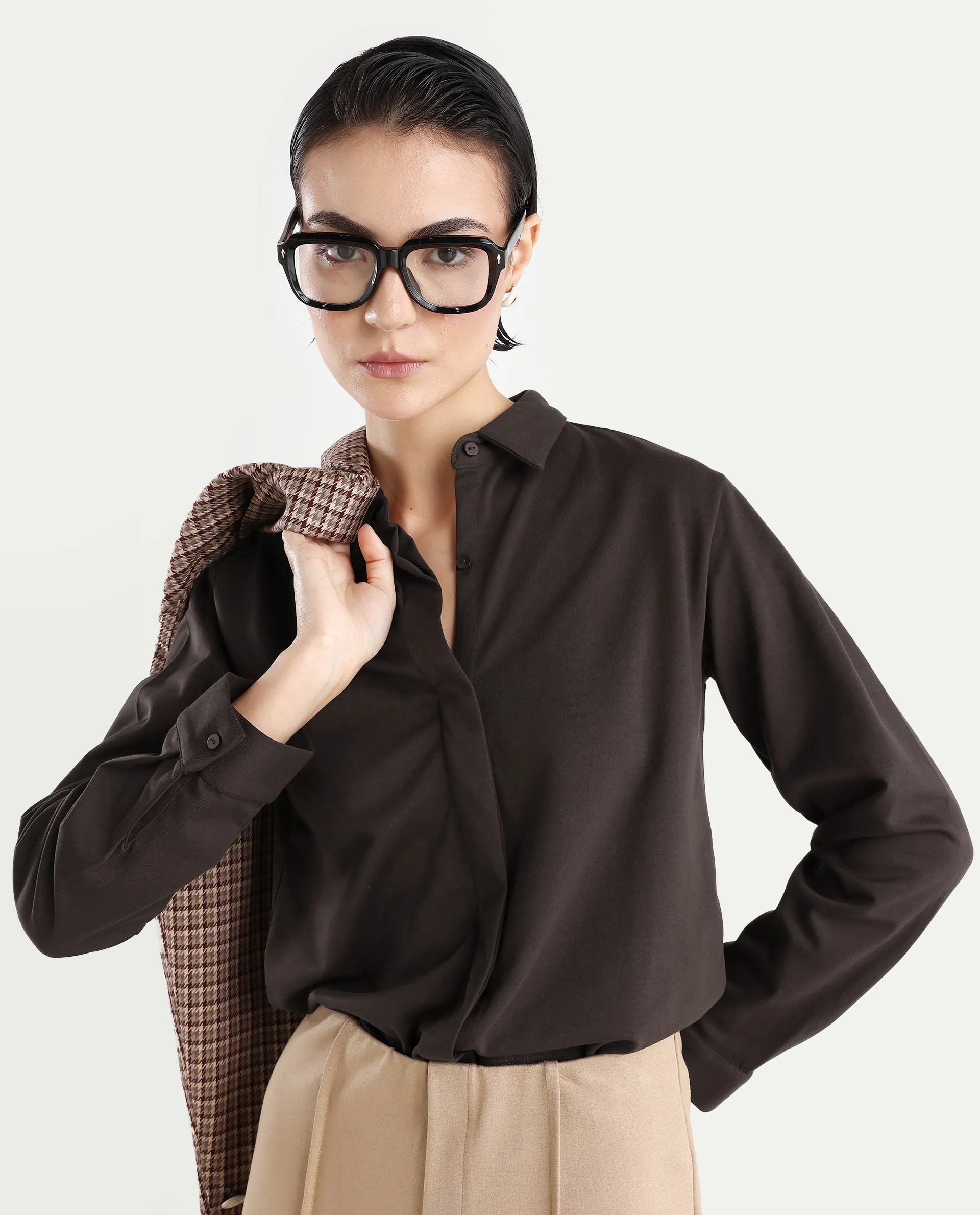Rareism Women's Ellery Brown Cotton Blend Drop Collar Plain Regular Fit Shirt