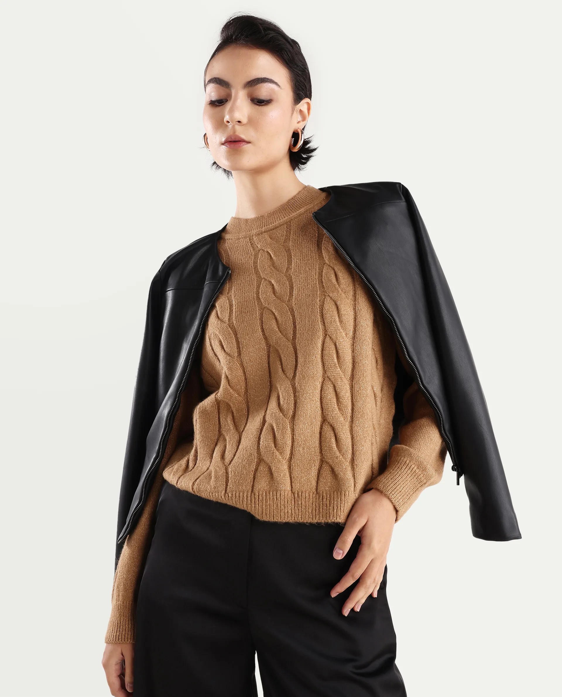 Rareism Women's Emm Camel Acrylic Crew Neck Plain Regular Fit Sweater