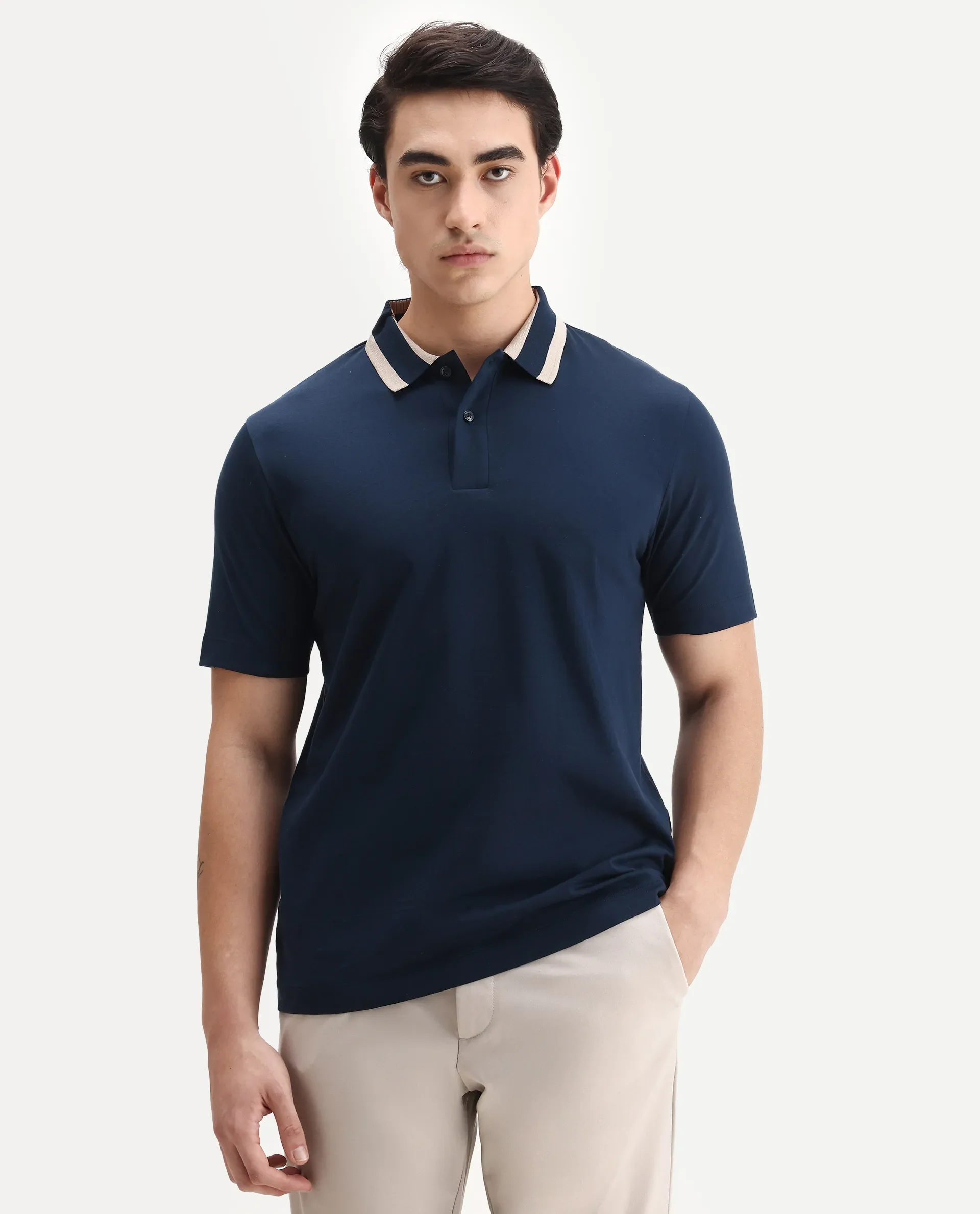 Rare Rabbit Men's Emor Dark Navy Cotton Fabric Half Sleeve Spread Collar Plain Polo