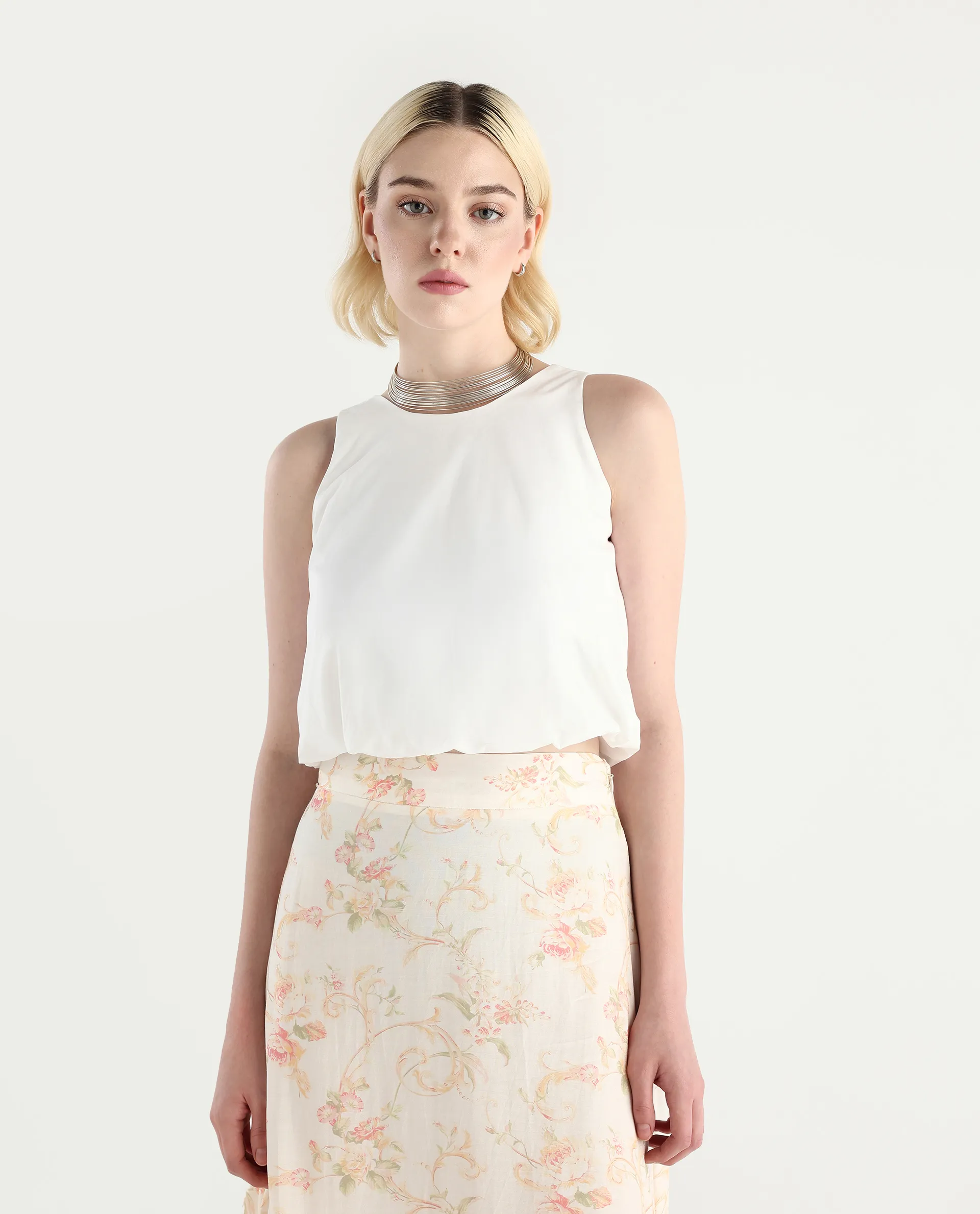 Rareism Women's Eptic White Cotton Plain Sleeveless Crop Regular Fit Top