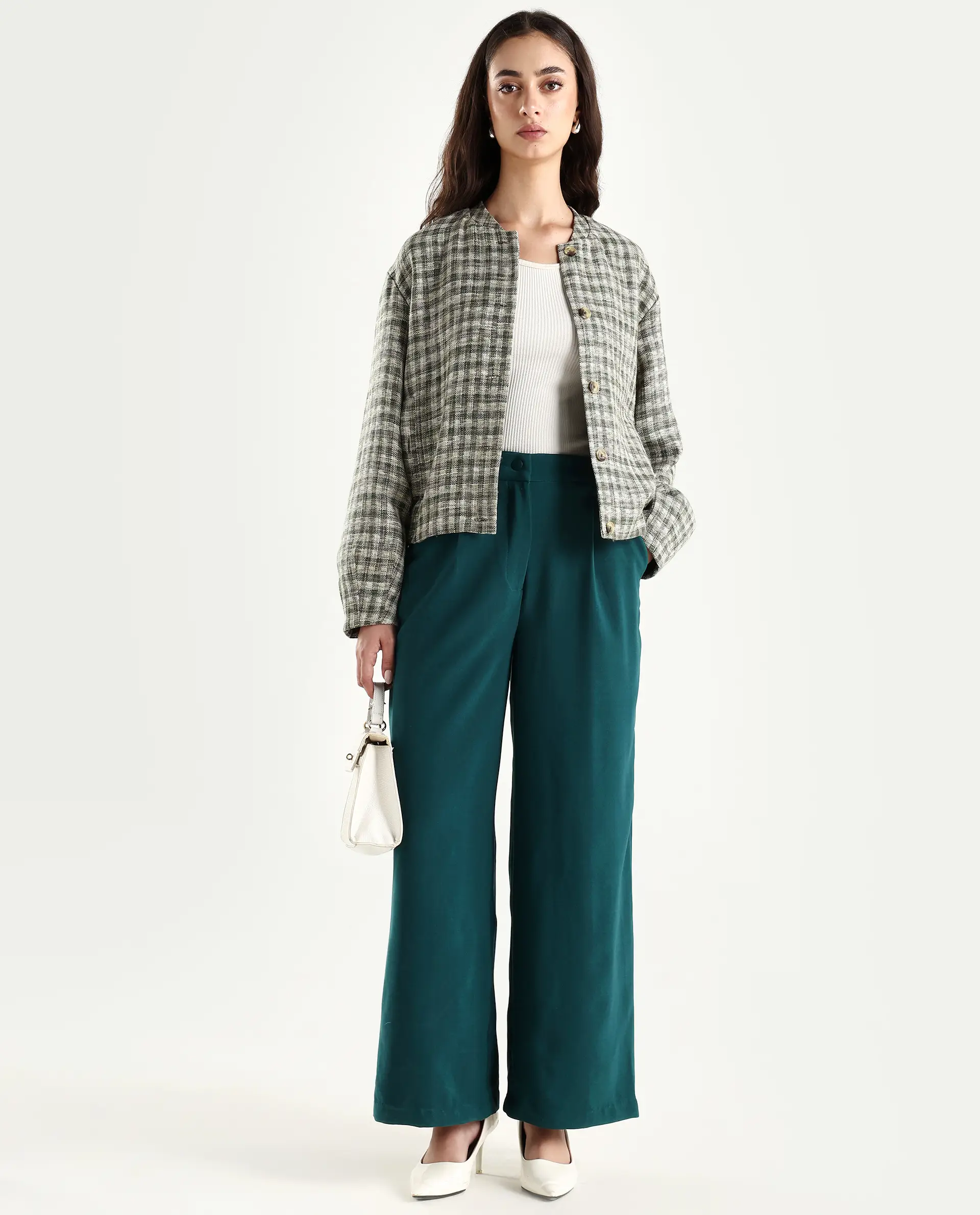 Rareism Women's Erica Green Polyester Blend Plain Ankle Length Wide Trouser