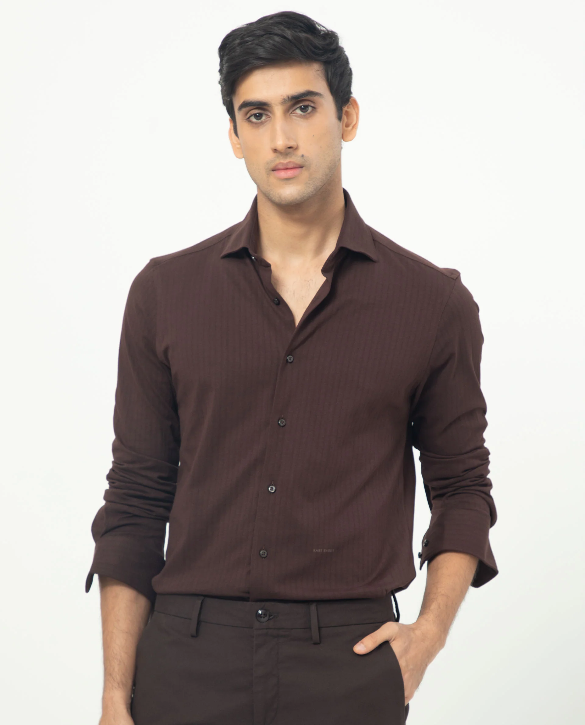 Rare Rabbit Men's Ertical Brown Cotton Striped Print Regular Fit Full Sleeve Spread Collar Shirt