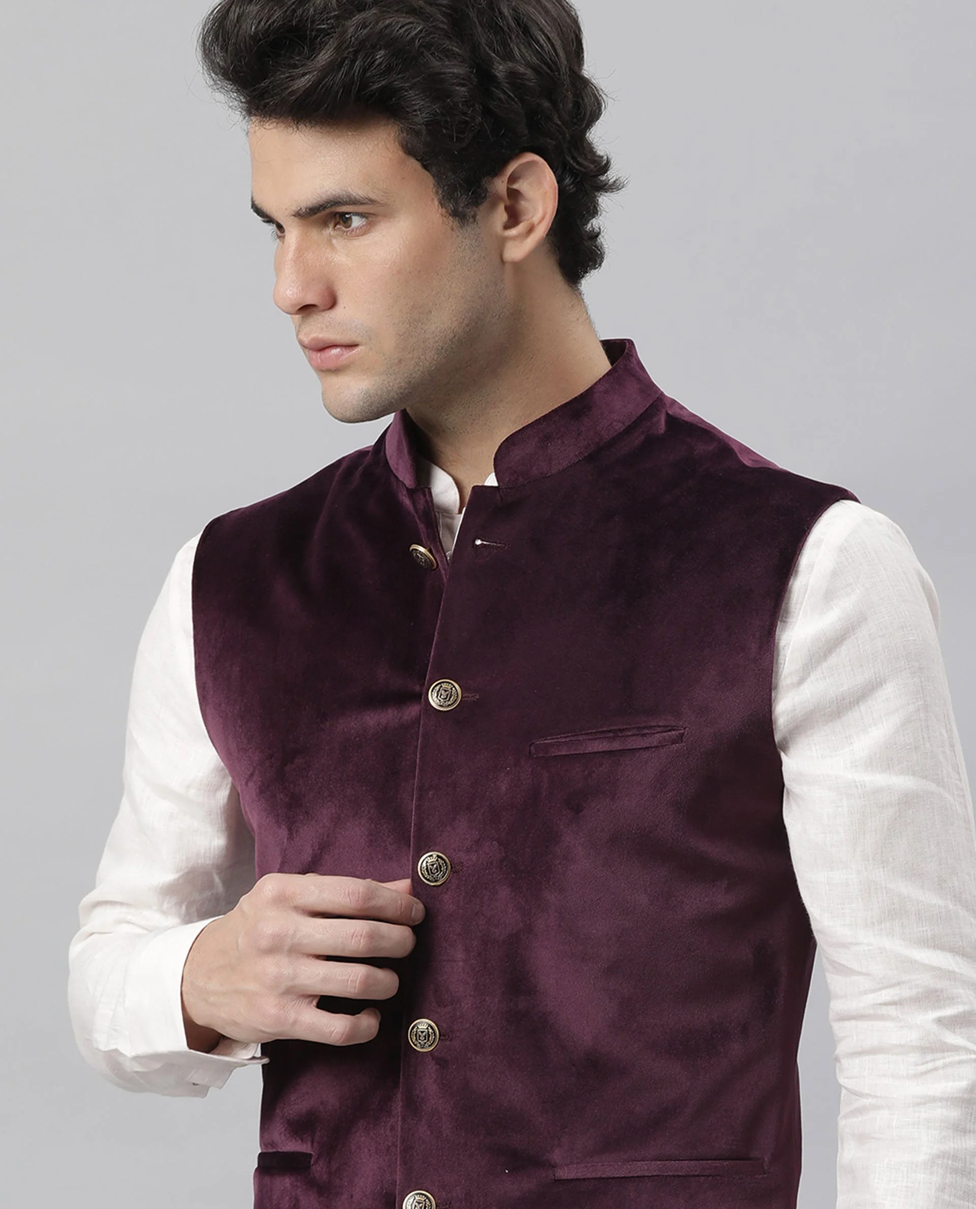 Rare Rabbit Men's Erton Maroon Polyester Plain Tailored Fit Sleeveless Mandarin Collar Bandhgala