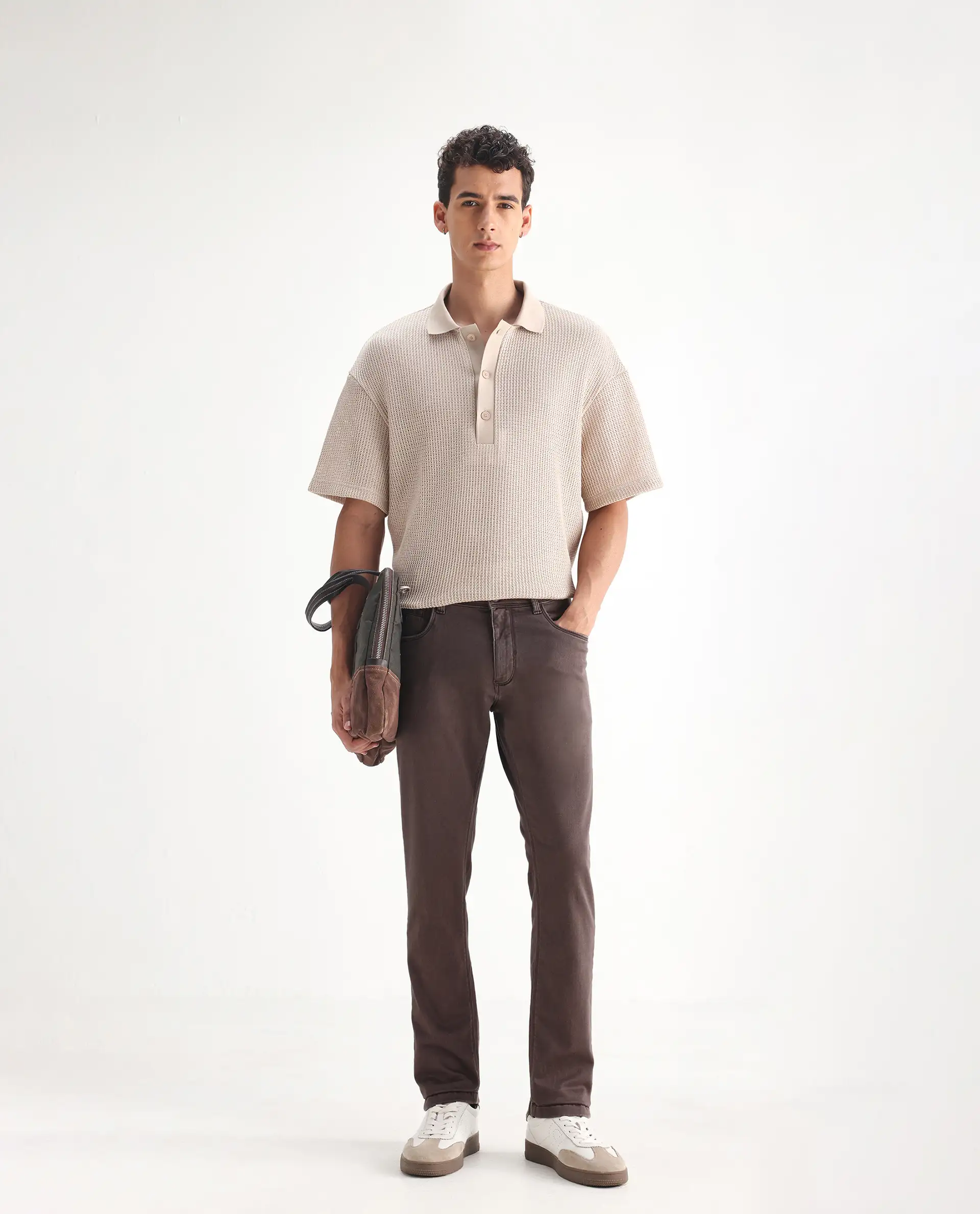 Rare Rabbit Men's Essen Dark Brown Cotton Plain Hawk Slim Fit Jeans