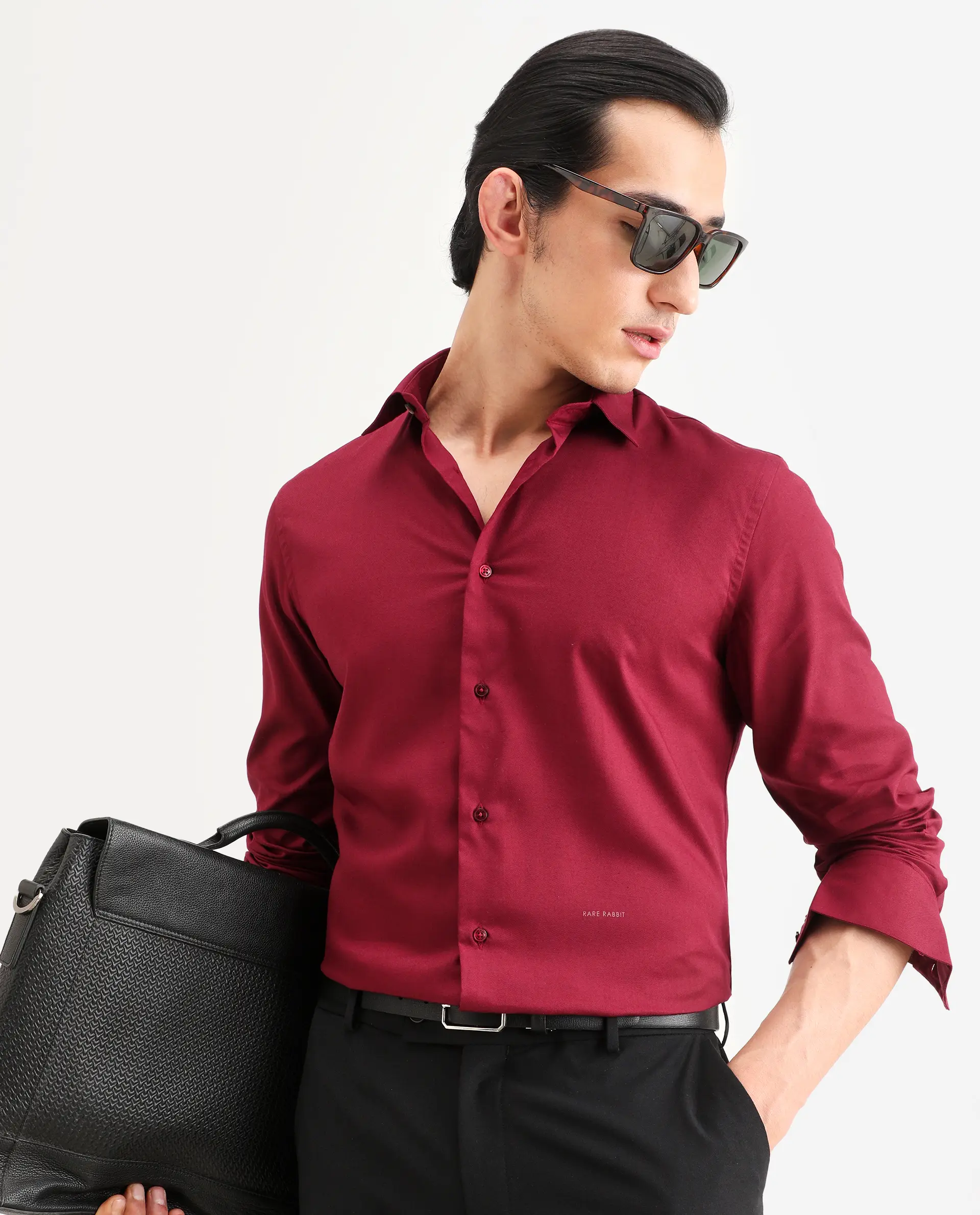 Rare Rabbit Men's Essonn Dark Red Cotton Blend Fabric Full Sleeve Spread Collar Regular Fit Plain Shirt