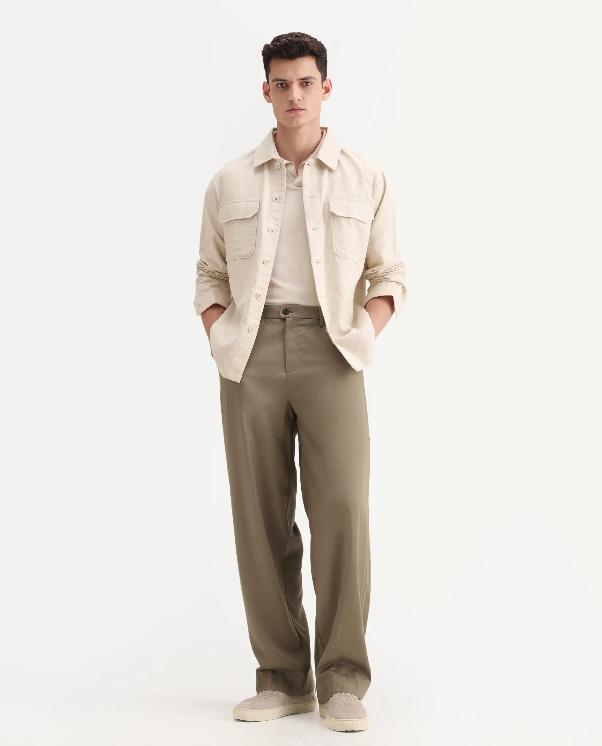 Rare Rabbit Men's Essot Khaki Viscose Blend Plain Baggy Fit Trouser