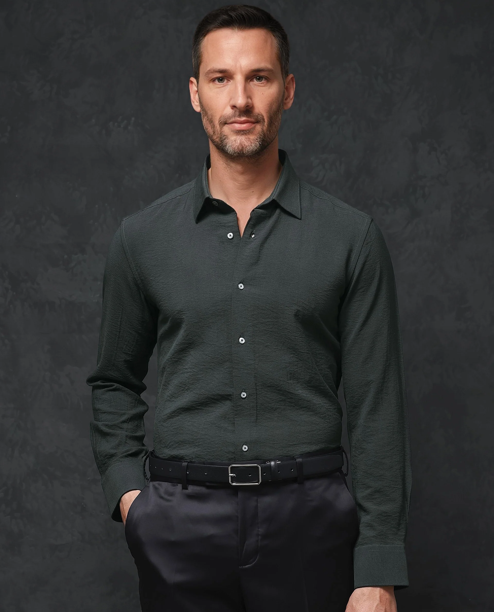 Rare Rabbit Men's Esty Dark Green Viscose Plain Regular Fit Full Sleeve Collared Shirt