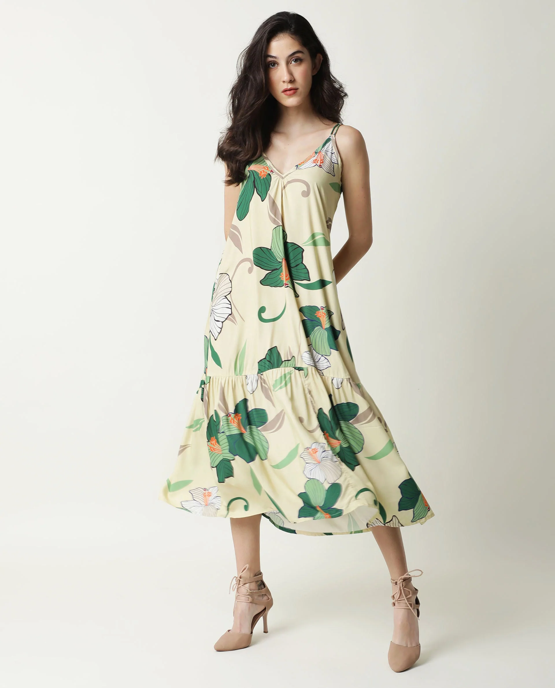 Rareism Women's Etana Offwhite Viscose V-Neck Floral Print Shoulder Strap Knee Length Regular Fit Dress