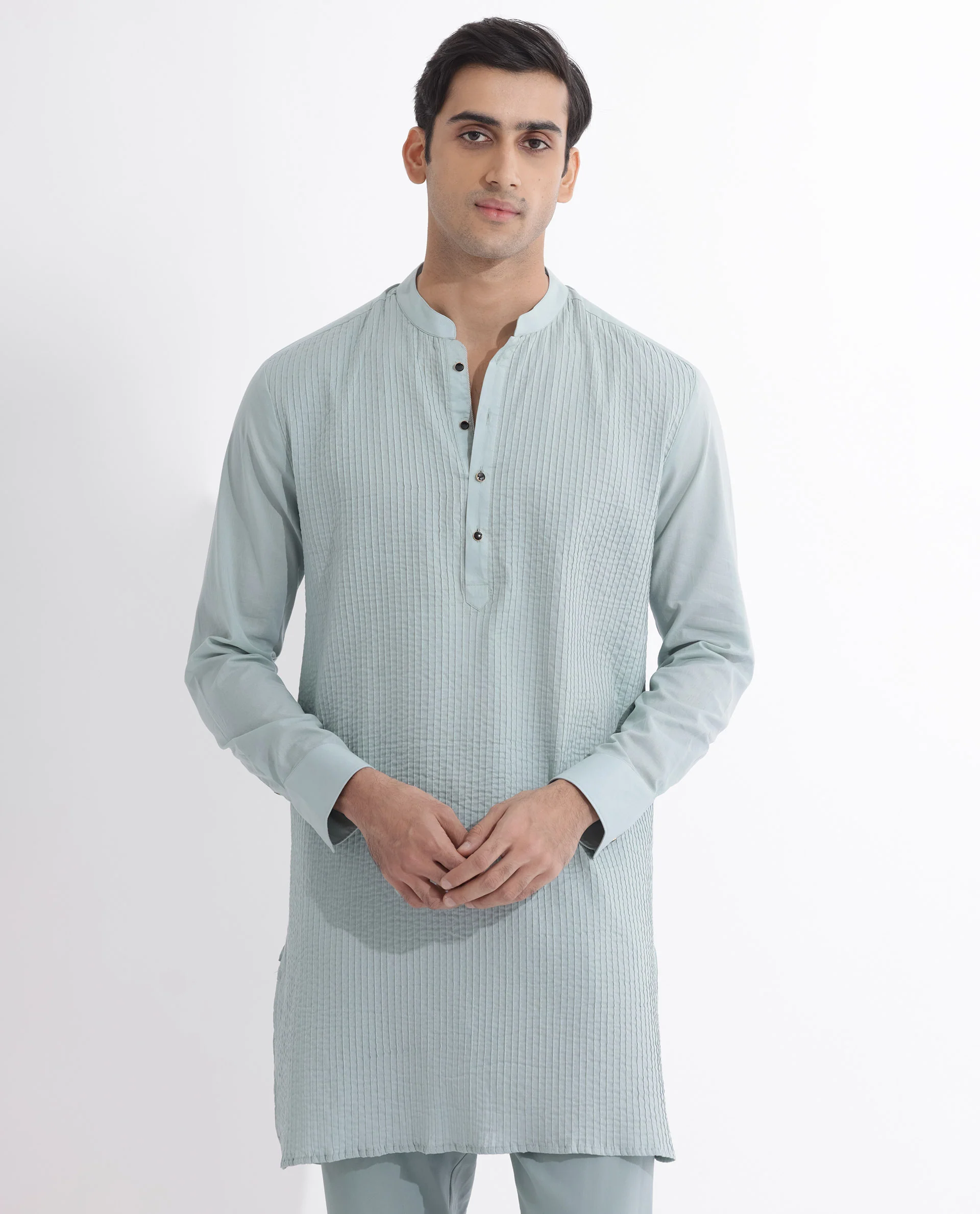 Rare Rabbit Men's Ethnic Light Blue Cotton Striped Print Regular Fit Full Sleeve Mandarin Collar Kurta