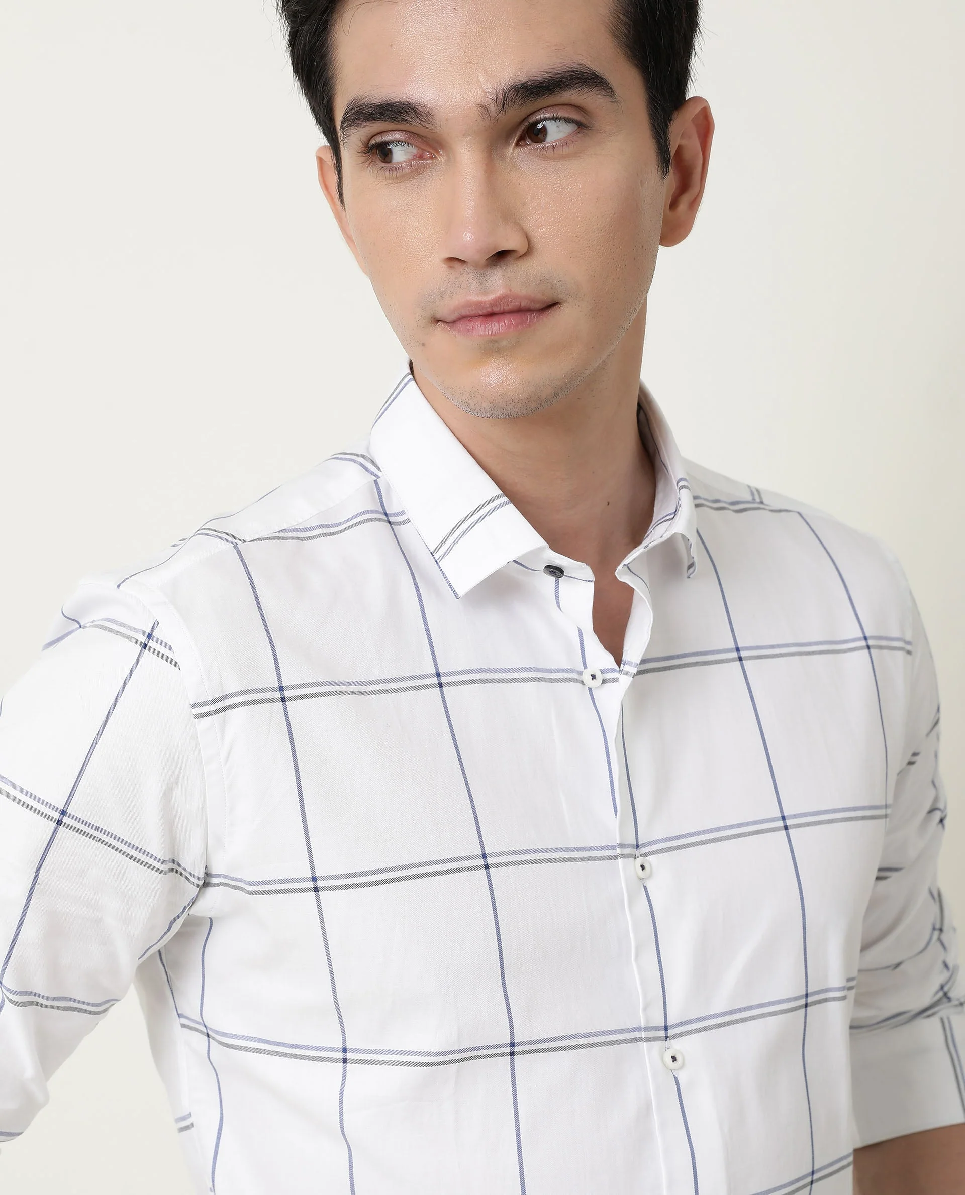 Rare Rabbit Men's Eton White Cotton Checked Print Regular Fit Full Sleeve Spread Collar Shirt
