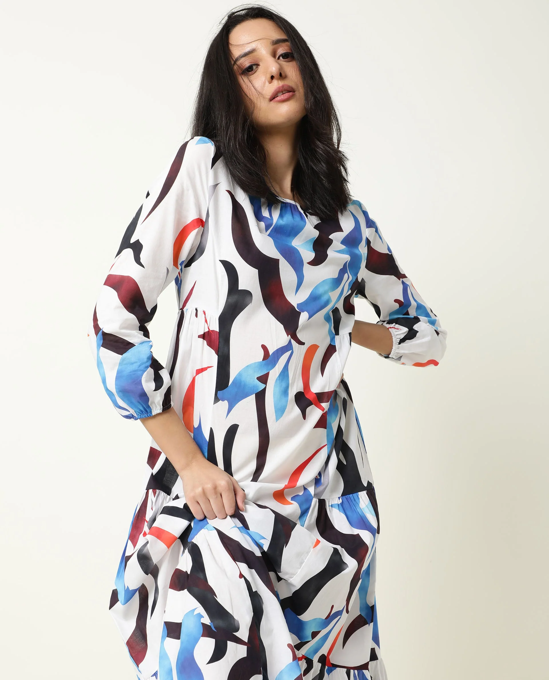 Rareism Women's Europe White Boat Neck Abstract Print Maxi Regular Fit Dress