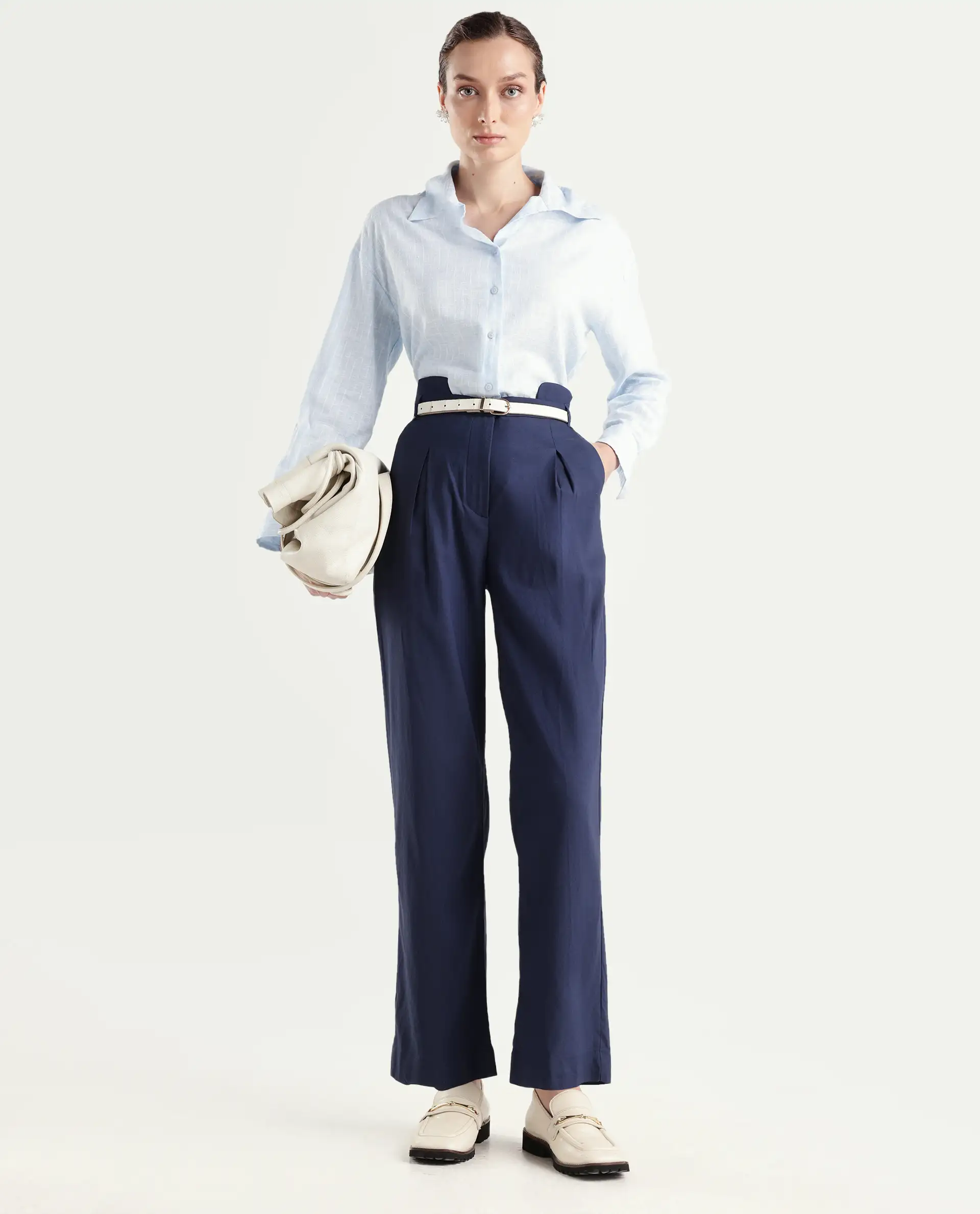 Rareism Women's Evanova Navy Viscose Plain Ankle Length Regular Fit Trouser