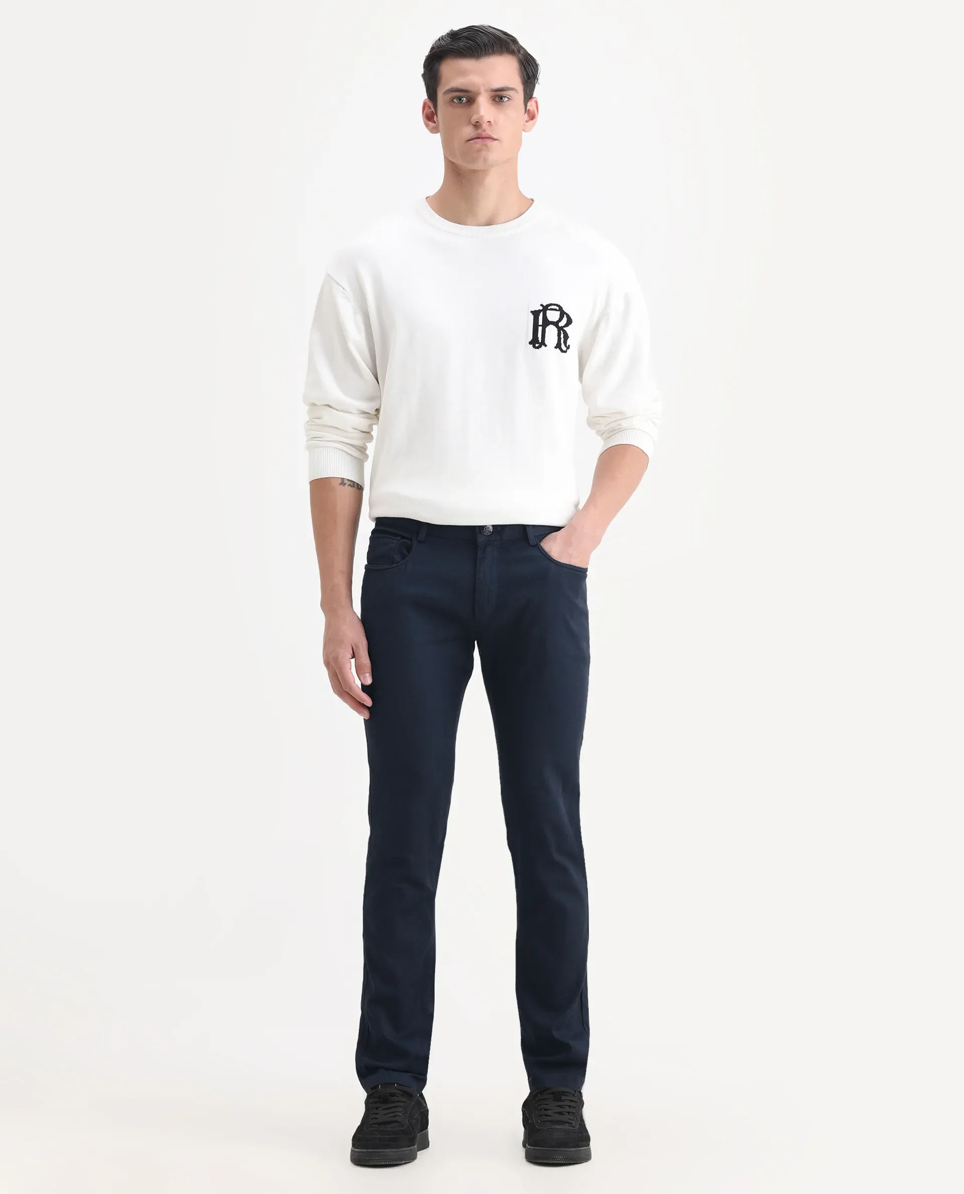Rare Rabbit Men's Expore Navy Linen Blend Plain Regular Fit Trouser