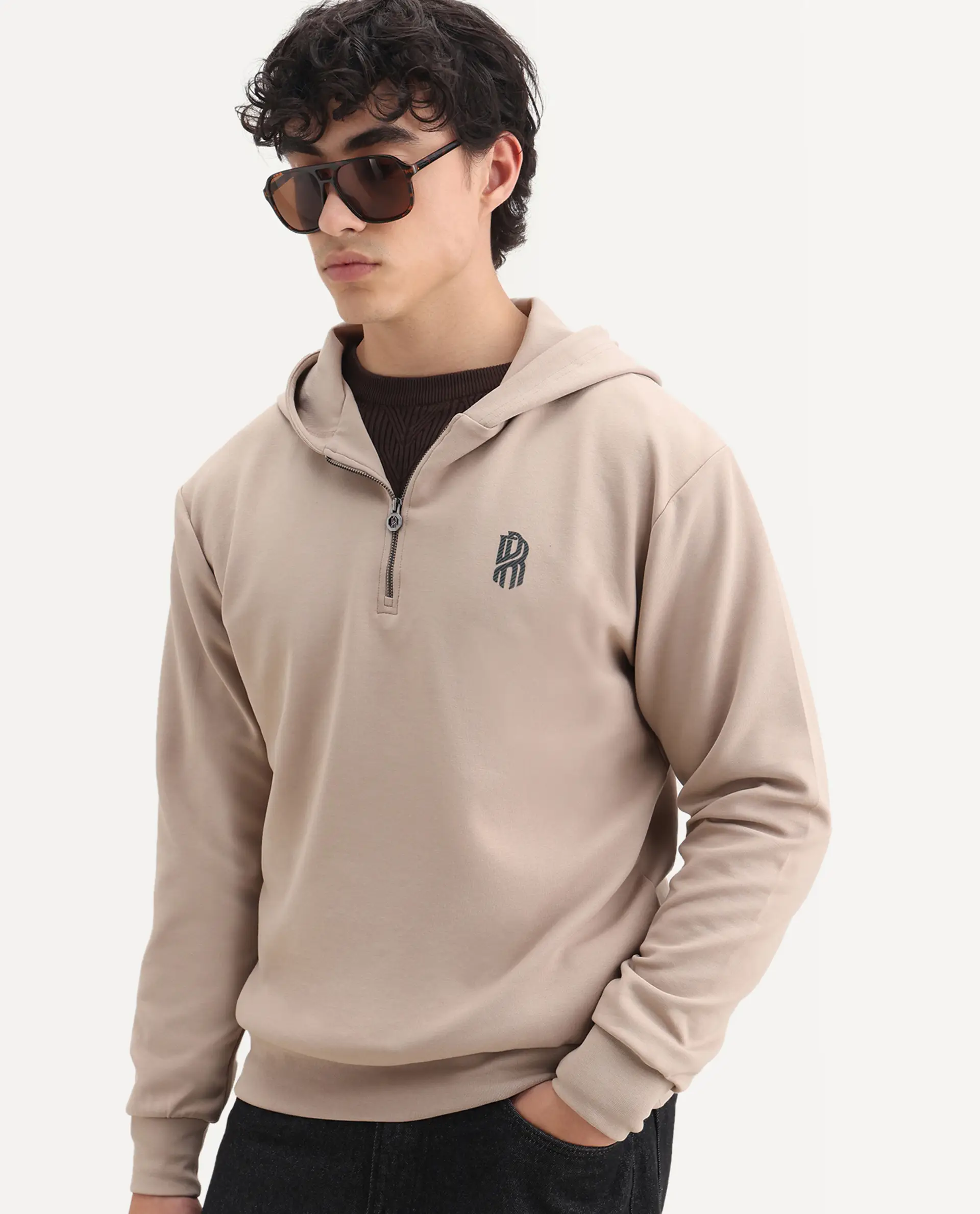 Rare Rabbit Men's Ezra Beige Cotton Blend Fabric Full Sleeve Hooded Graphic Print Sweatshirt