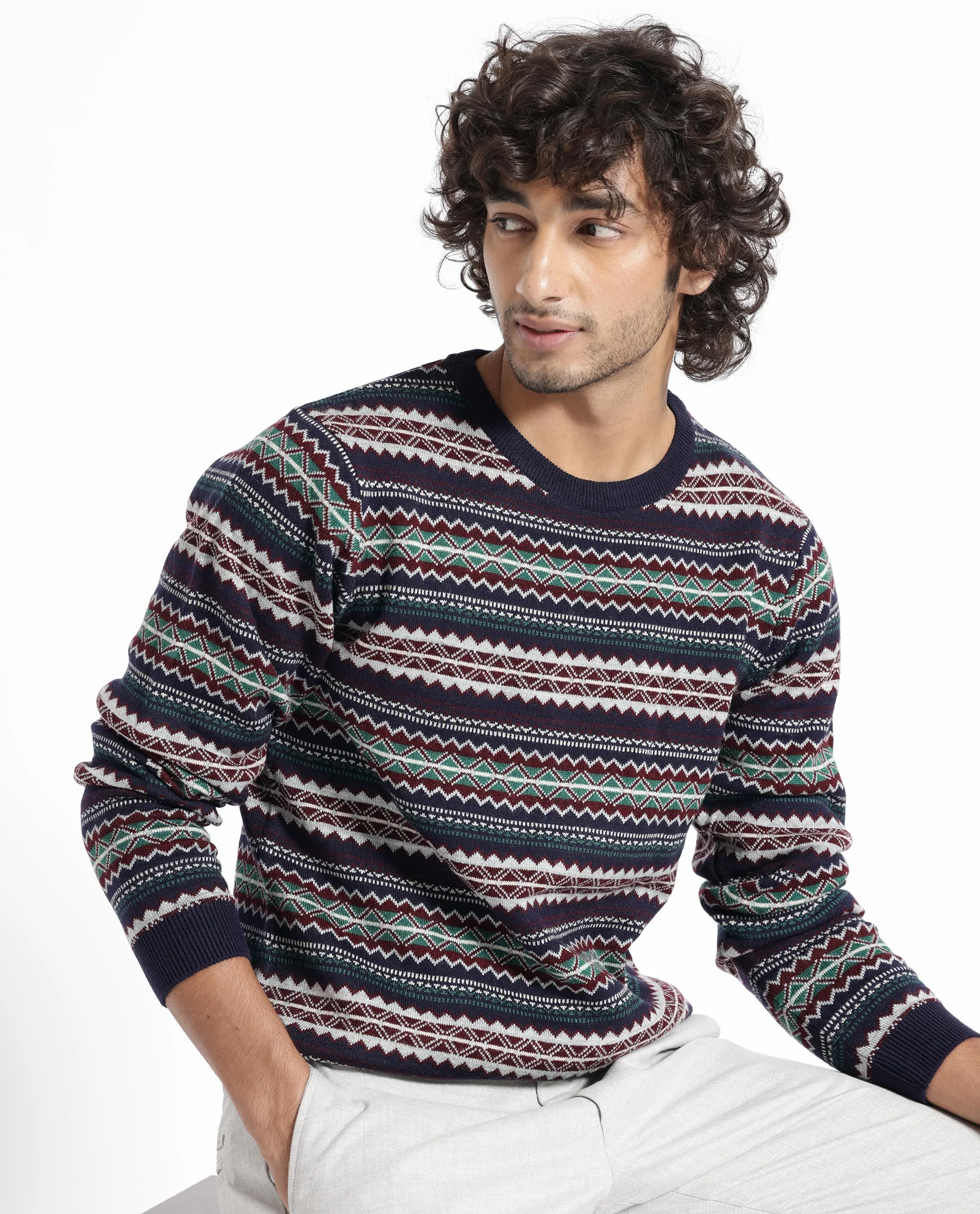 Rare Rabbit Men's Fare Navy Acrylic Textured Relaxed Fit Full Sleeve Crew Neck Sweater