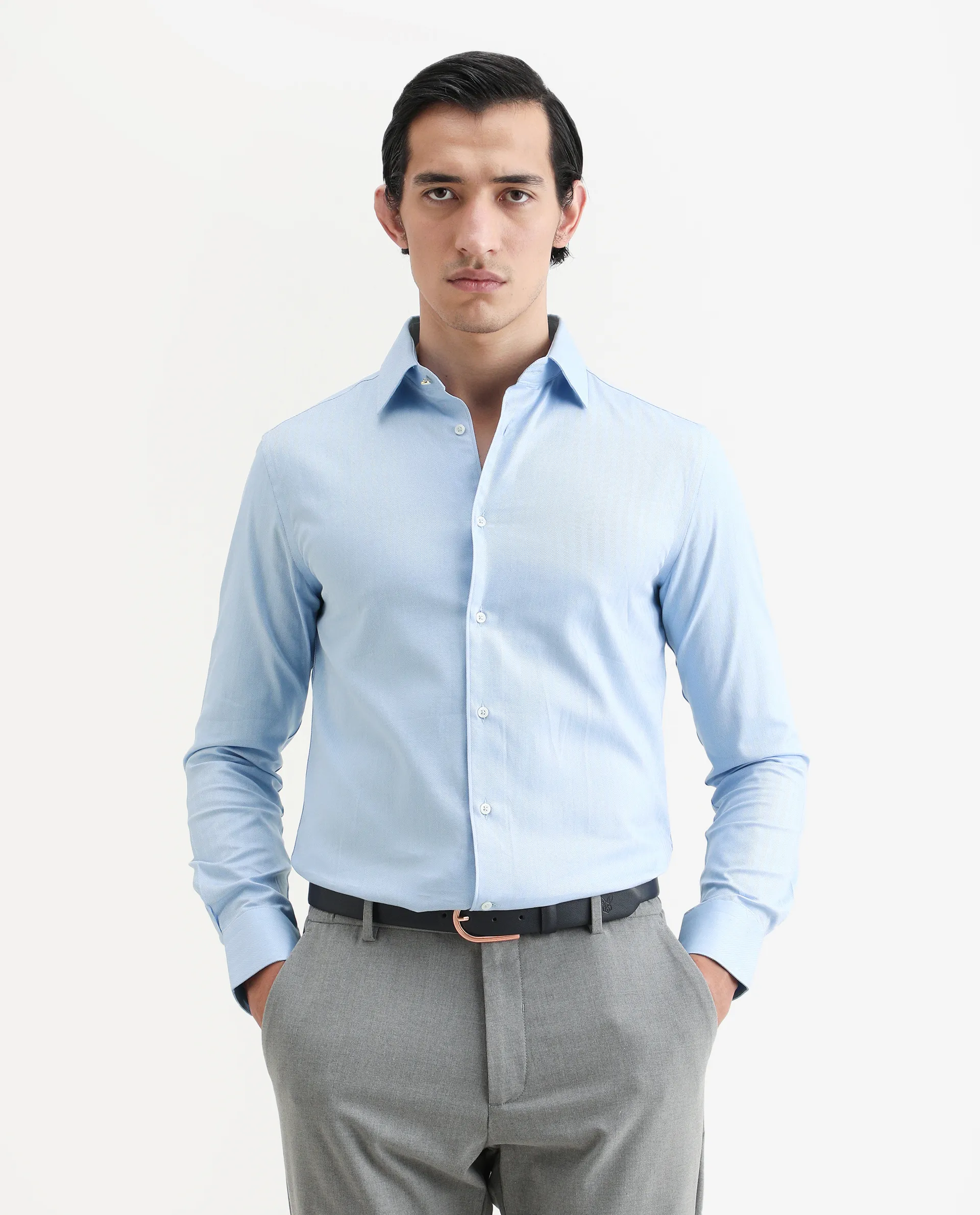 Rare Rabbit Men's Fargo Blue Plain Regular Fit Full Sleeve Collared Shirt