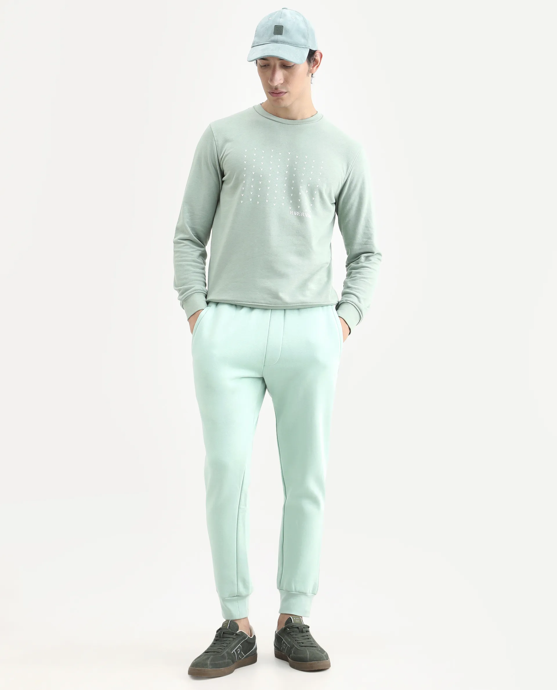 Rare Rabbit Men's Faroe Light Green Cotton Plain Regular Fit Joggers