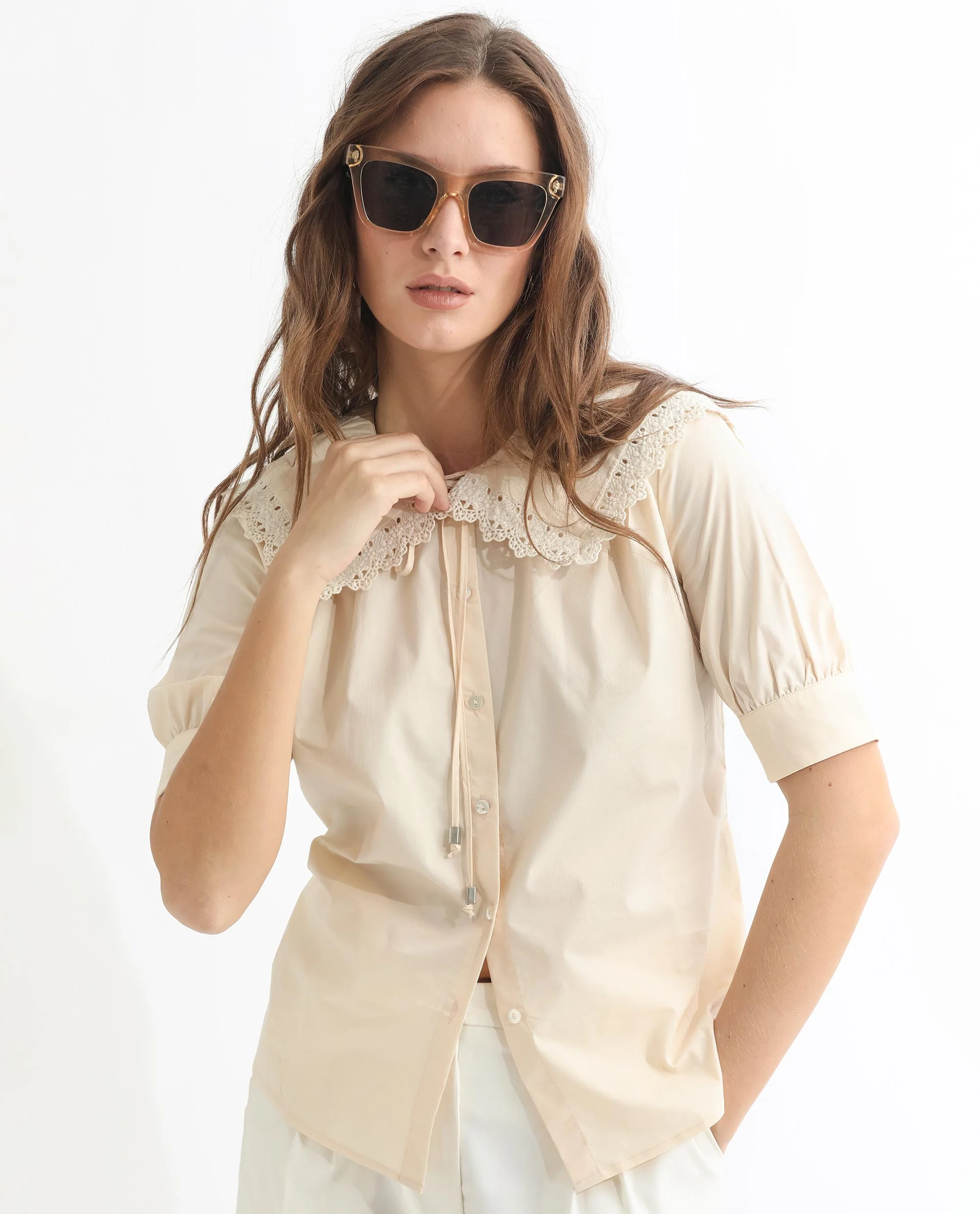 Rareism Women's Farse Beige Polyester Spread Collar Plain Puff Sleeves Regular Fit Top