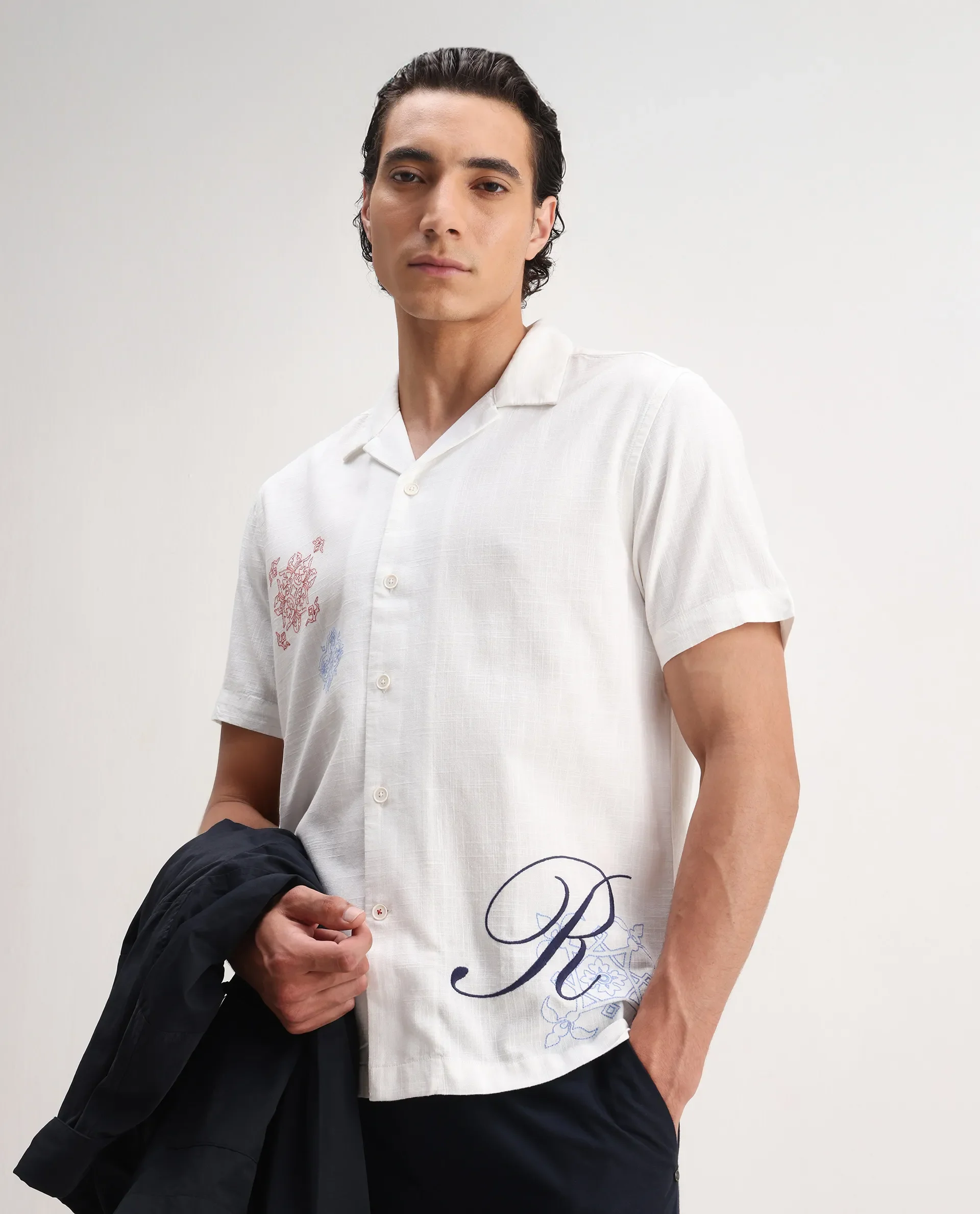 Rare Rabbit Men's Fedger White Cotton Blend Embroidered Boxy Fit Half Sleeve Cuban Collar Shirt
